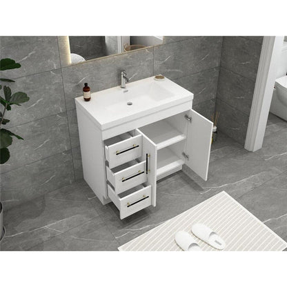 Moreno Bath ELSA 36" High Gloss White Freestanding Vanity With Left Side Drawers and Single Reinforced White Acrylic Sink