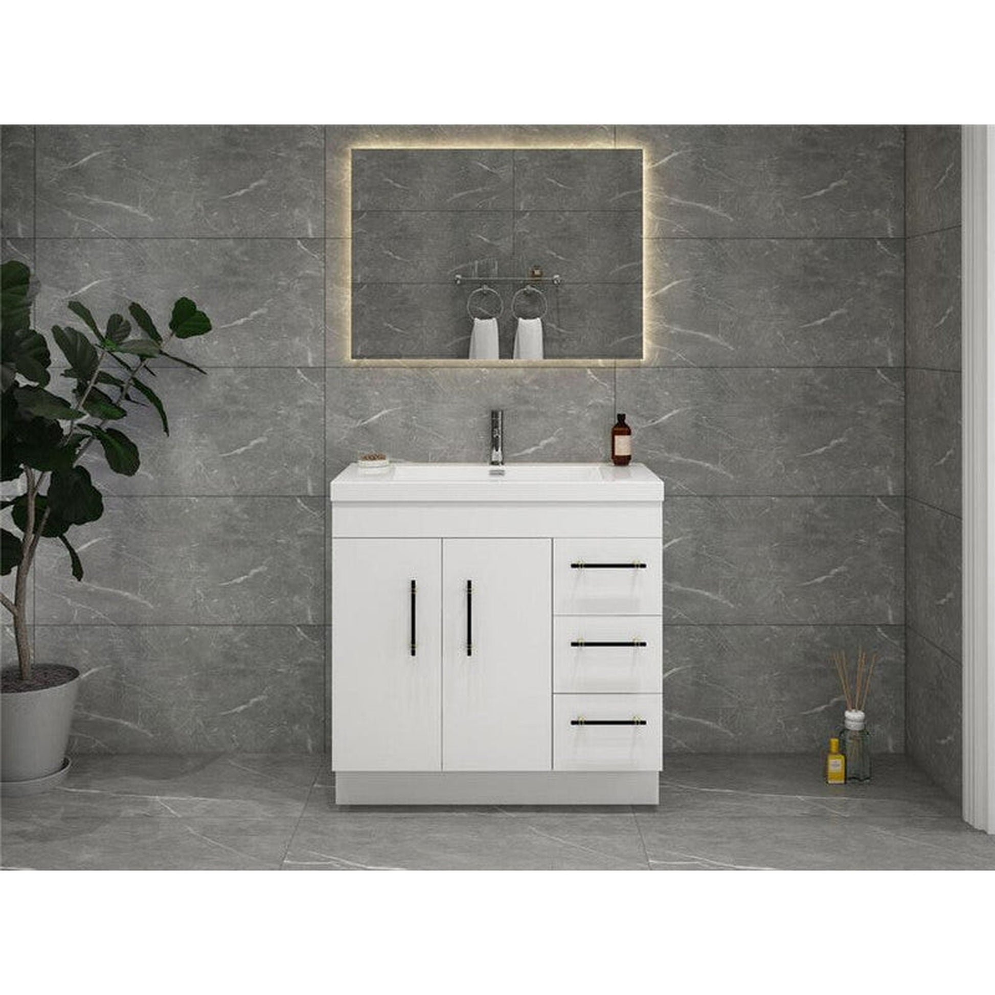 Moreno Bath ELSA 36" High Gloss White Freestanding Vanity With Right Side Drawers and Single Reinforced White Acrylic Sink