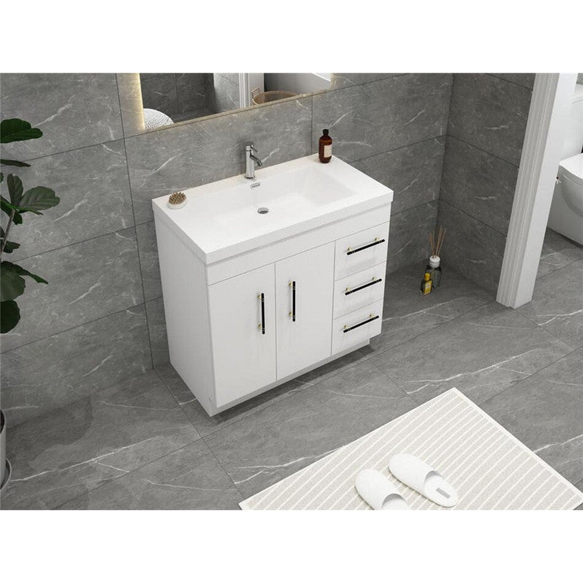 Moreno Bath ELSA 36" High Gloss White Freestanding Vanity With Right Side Drawers and Single Reinforced White Acrylic Sink