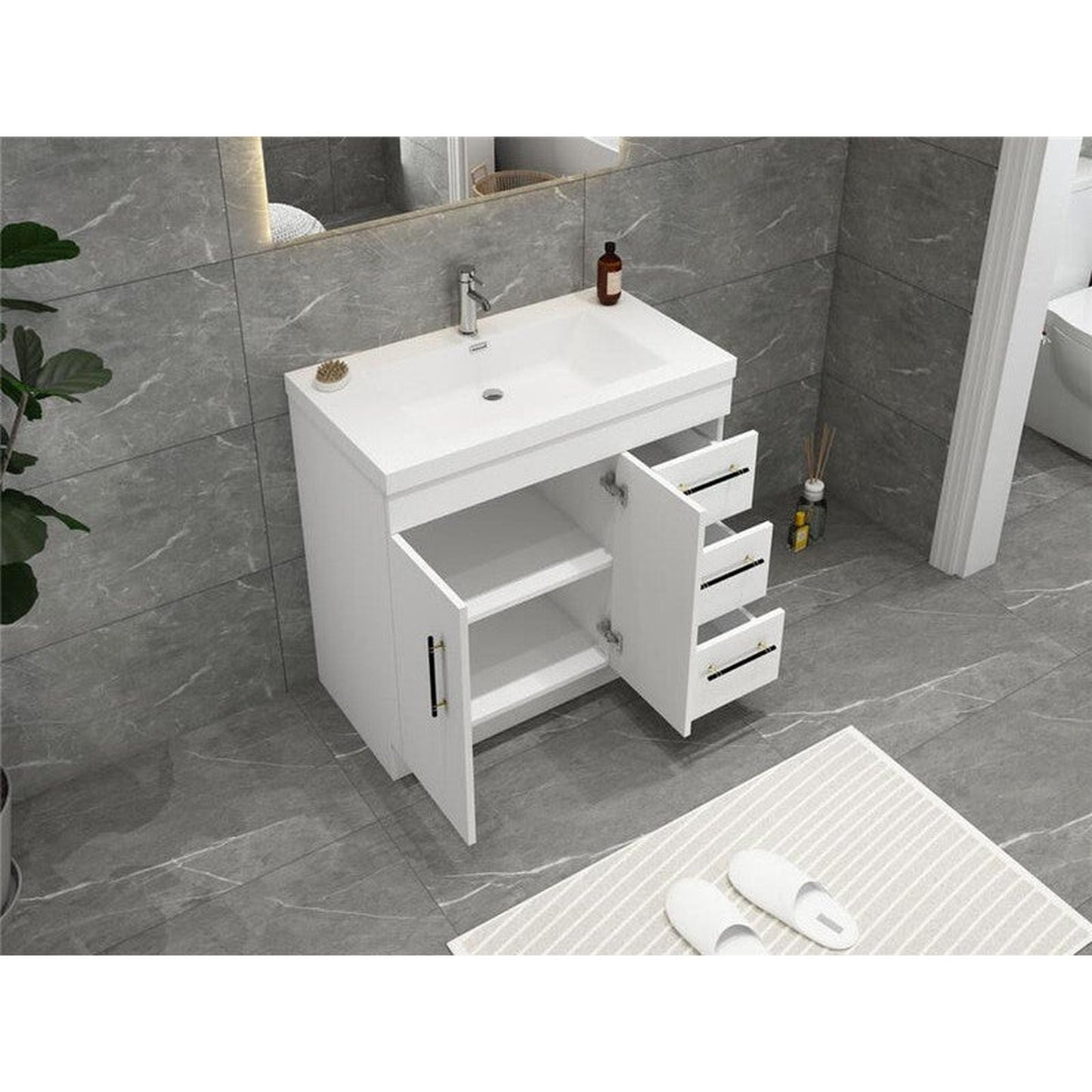 Moreno Bath ELSA 36" High Gloss White Freestanding Vanity With Right Side Drawers and Single Reinforced White Acrylic Sink