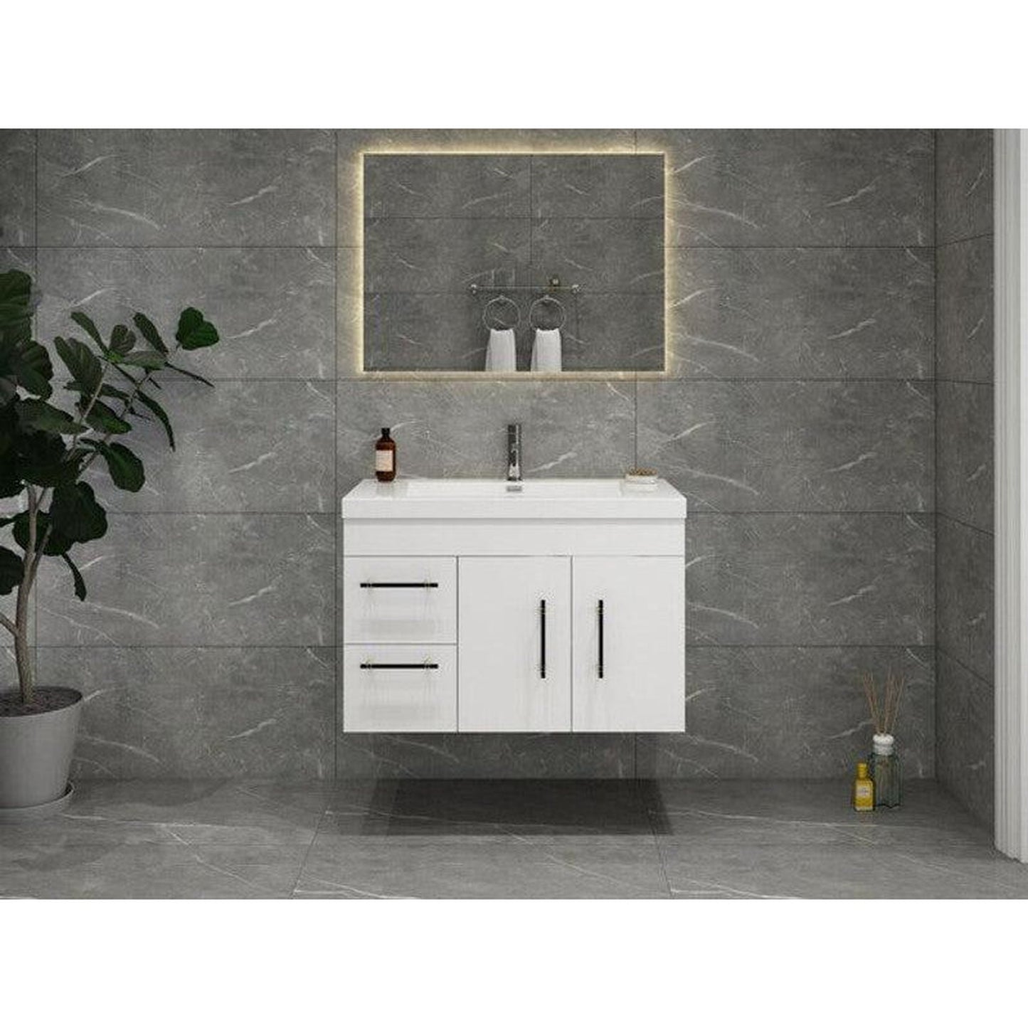 Moreno Bath ELSA 36" High Gloss White Wall-Mounted Vanity With Left Side Drawers and Single Reinforced White Acrylic Sink