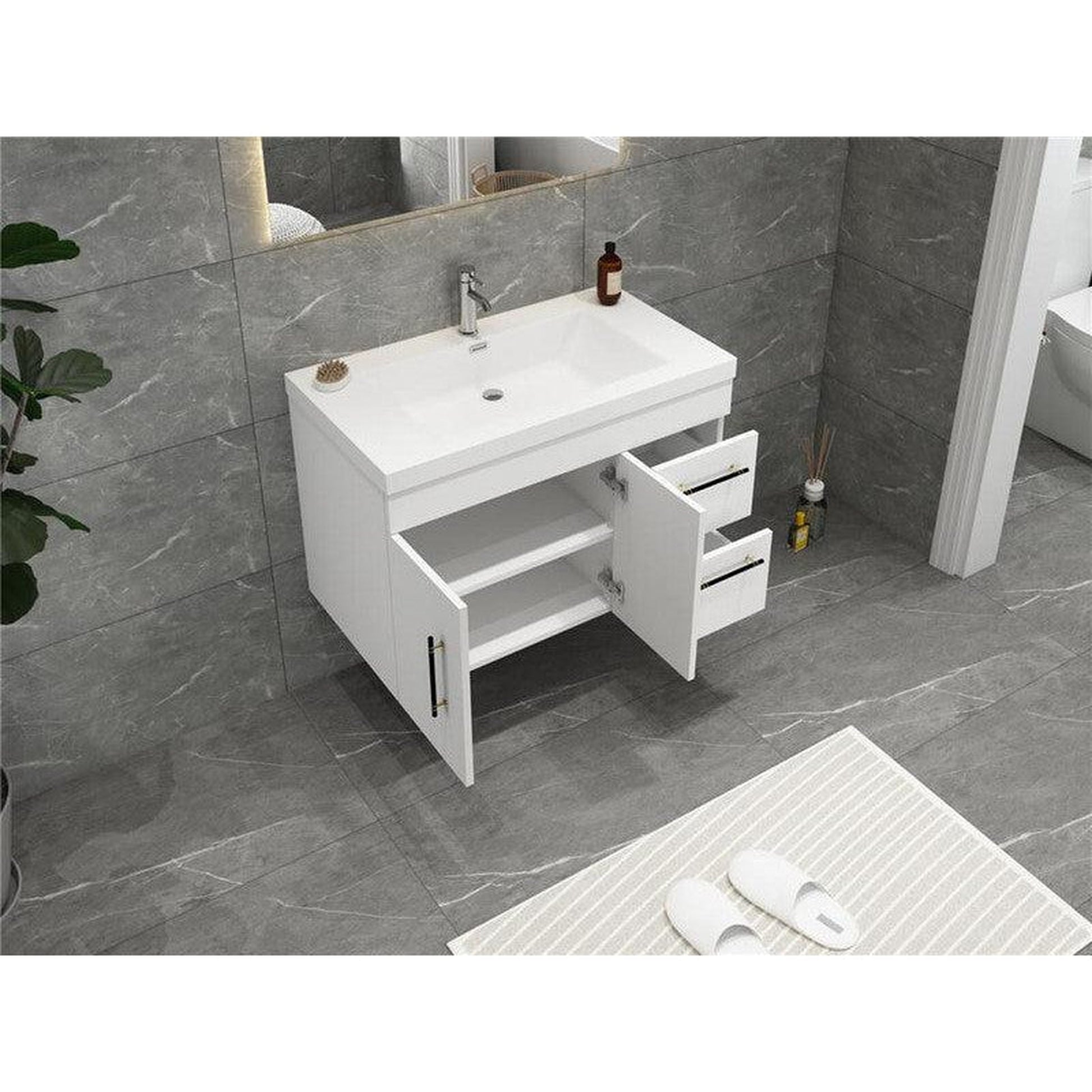 Moreno Bath ELSA 36" High Gloss White Wall-Mounted Vanity With Right Side Drawers and Single Reinforced White Acrylic Sink