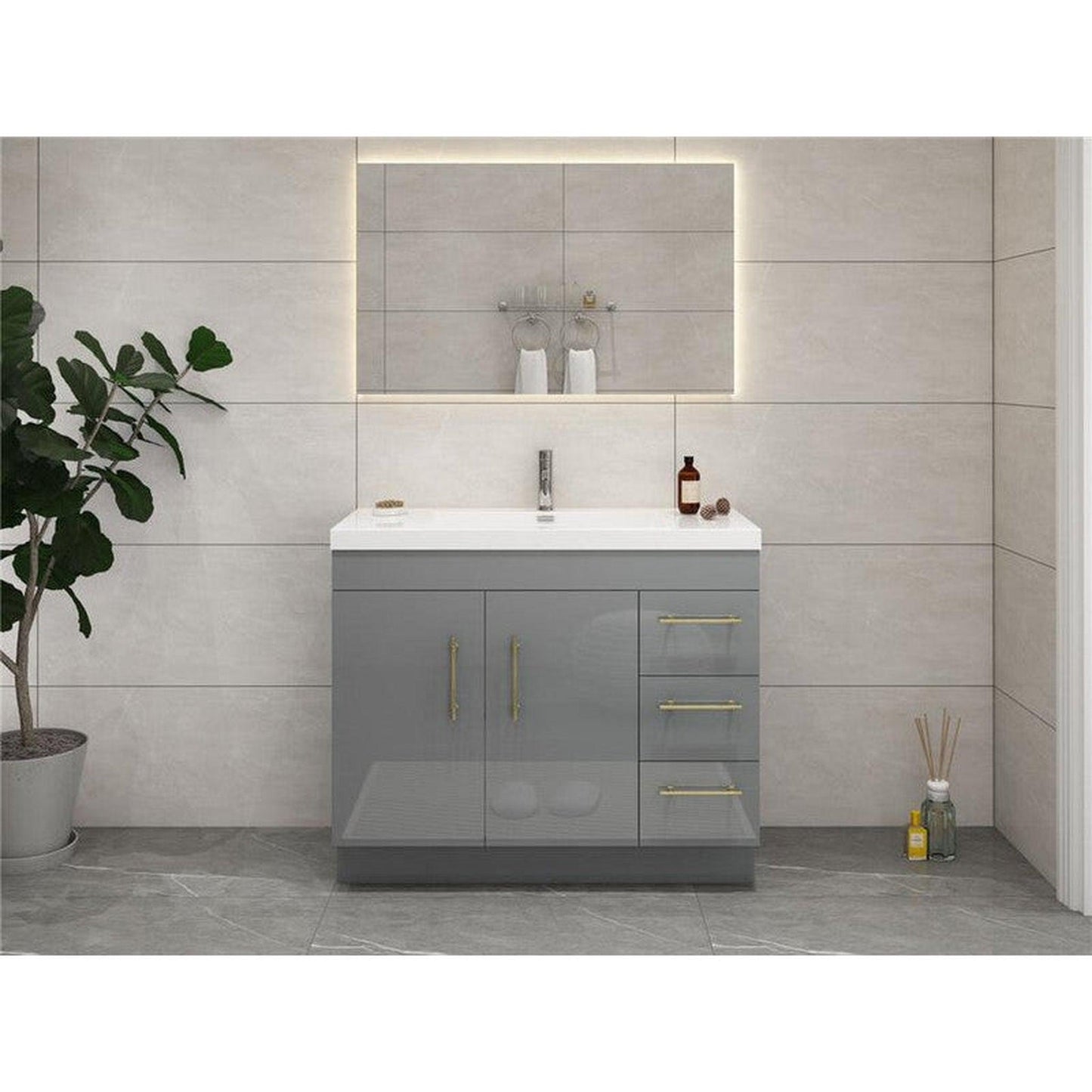 Moreno Bath ELSA 42" High Gloss Gray Freestanding Vanity With Right Side Drawers and Single Reinforced White Acrylic Sink