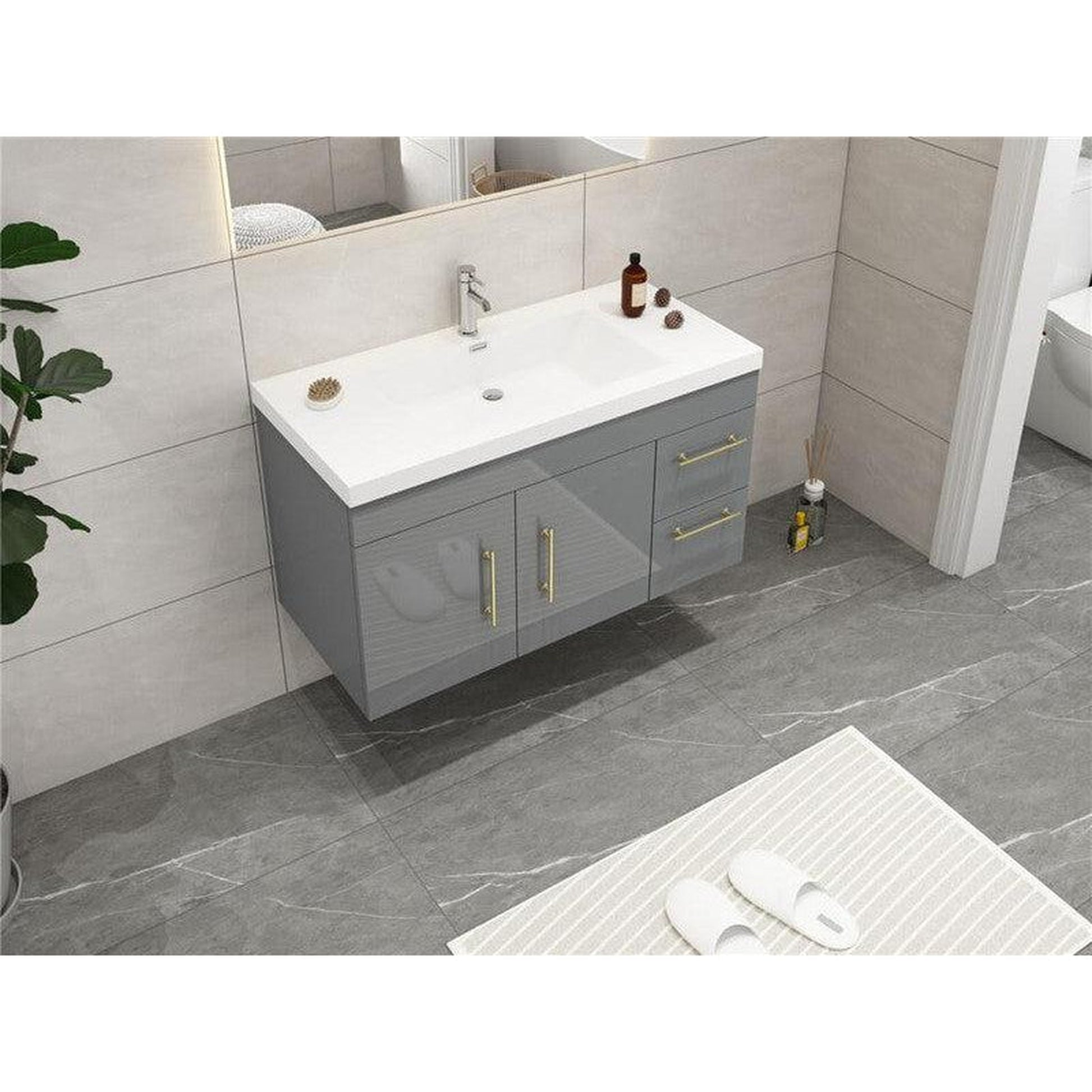 Moreno Bath ELSA 42" High Gloss Gray Wall-Mounted Vanity With Right Side Drawers and Single Reinforced White Acrylic Sink