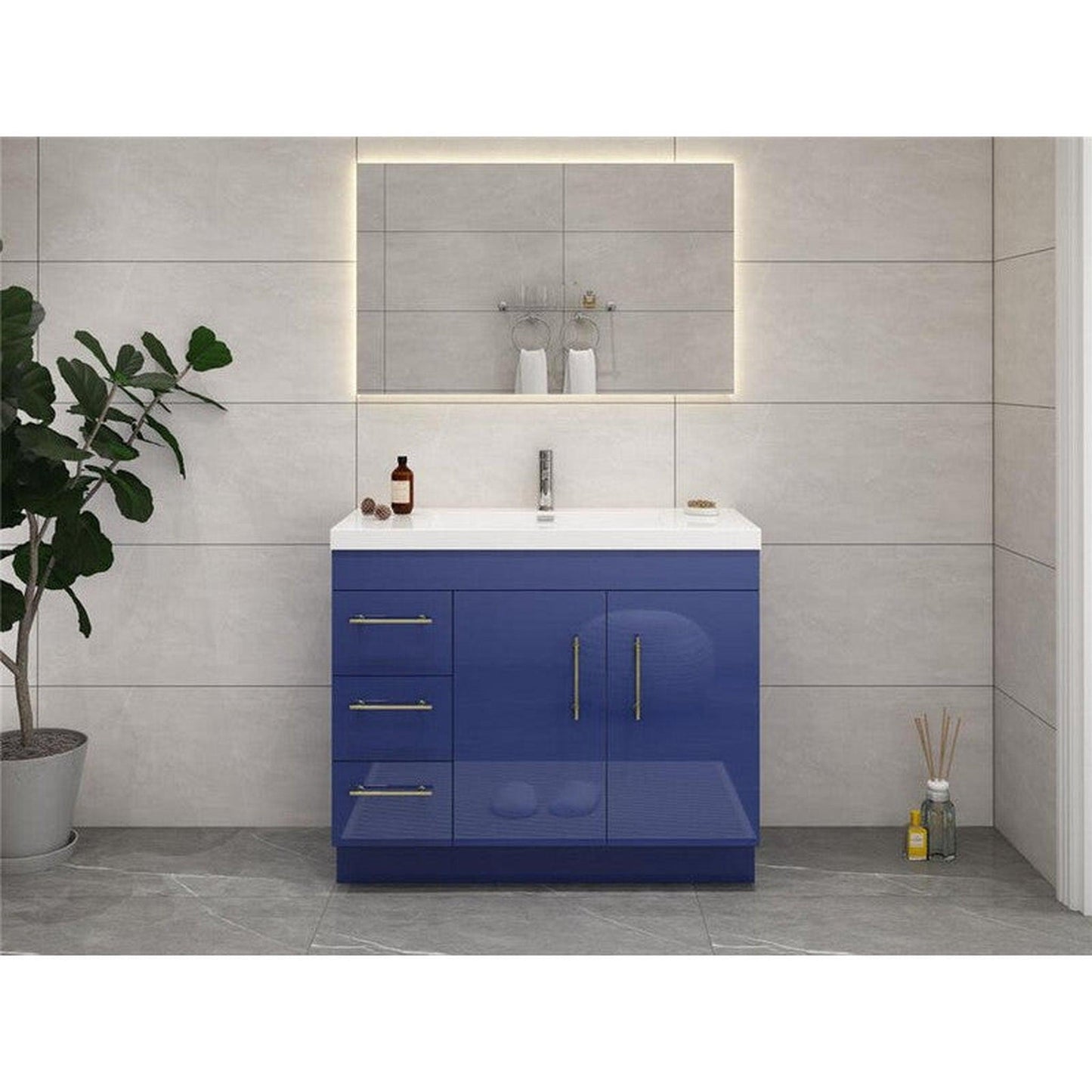 Moreno Bath ELSA 42" High Gloss Night Blue Freestanding Vanity With Left Side Drawers and Single Reinforced White Acrylic Sink