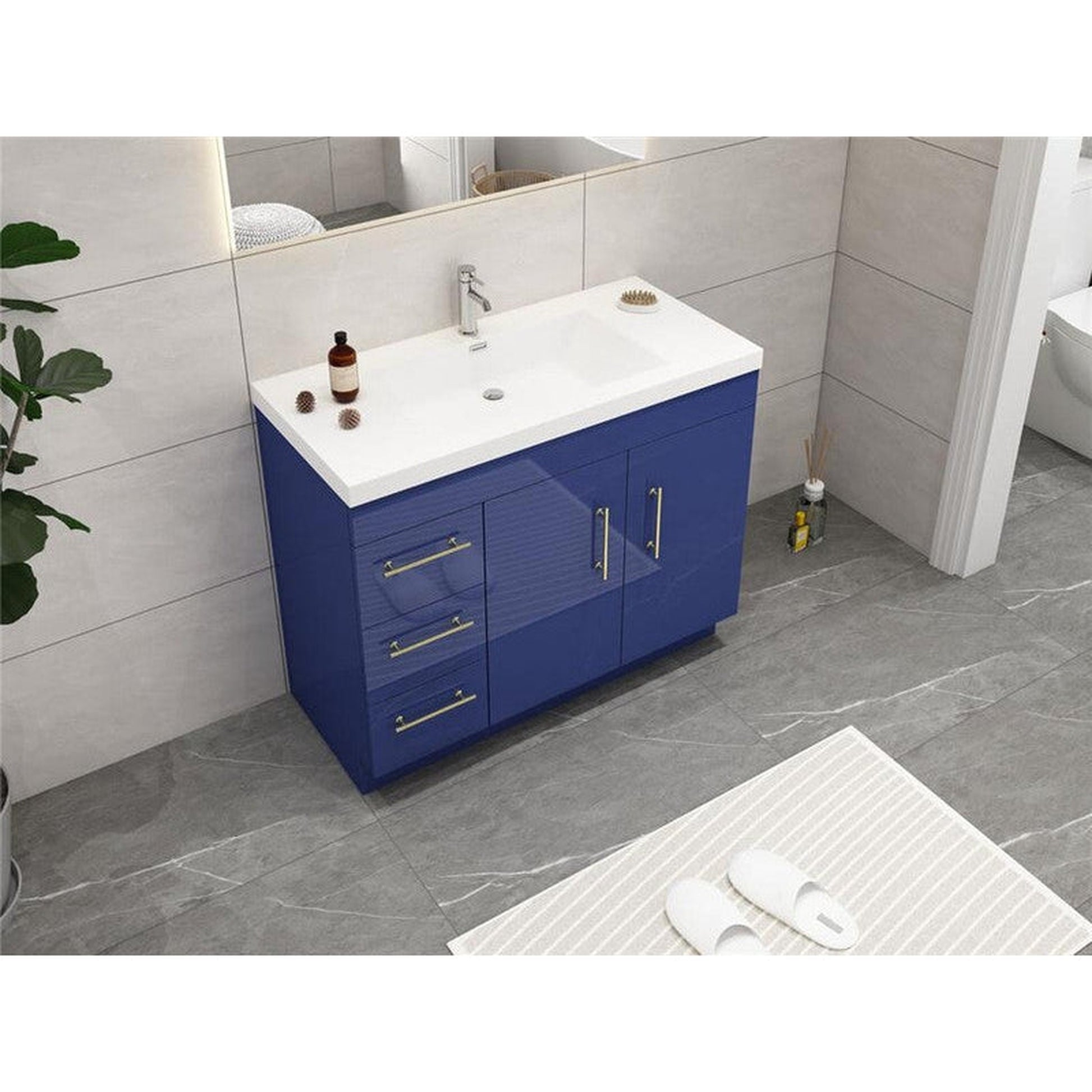 Moreno Bath ELSA 42" High Gloss Night Blue Freestanding Vanity With Left Side Drawers and Single Reinforced White Acrylic Sink