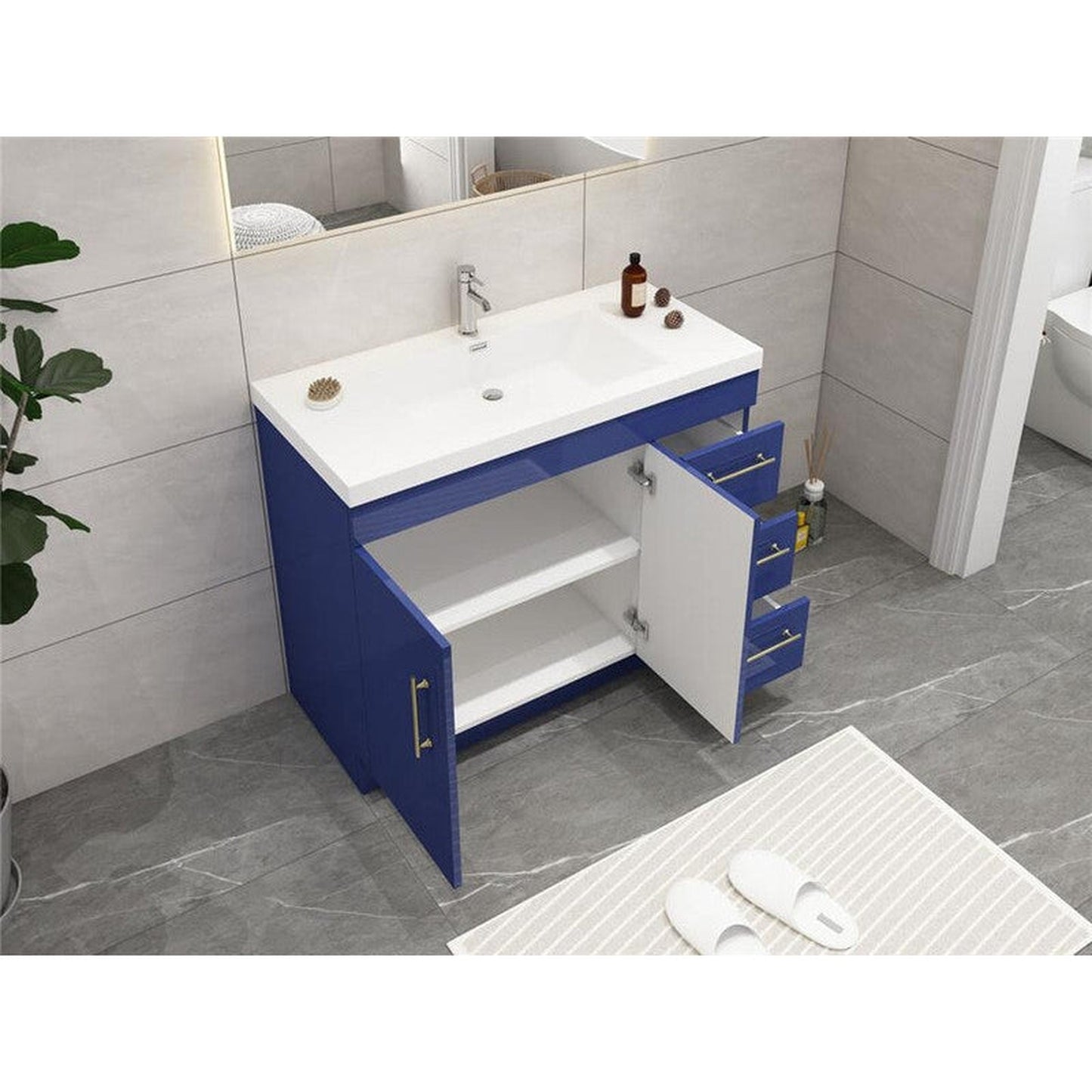 Moreno Bath ELSA 42" High Gloss Night Blue Freestanding Vanity With Right Side Drawers and Single Reinforced White Acrylic Sink