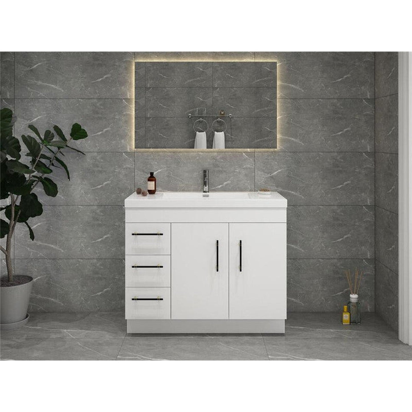 Moreno Bath ELSA 42" High Gloss White Freestanding Vanity With Left Side Drawers and Single Reinforced White Acrylic Sink