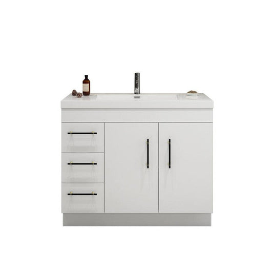 Moreno Bath ELSA 42" High Gloss White Freestanding Vanity With Left Side Drawers and Single Reinforced White Acrylic Sink