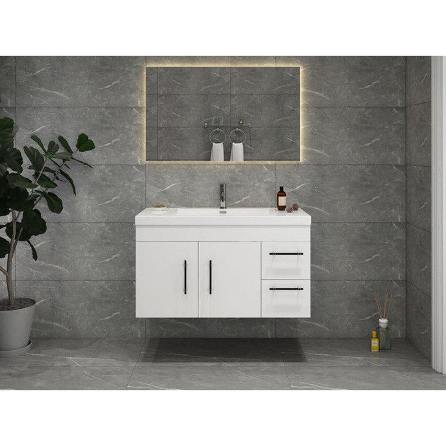 Moreno Bath ELSA 42" High Gloss White Wall-Mounted Vanity With Right Side Drawers and Single Reinforced White Acrylic Sink