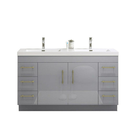 Moreno Bath ELSA 60" High Gloss Gray Freestanding Vanity With Double Reinforced White Acrylic Sinks
