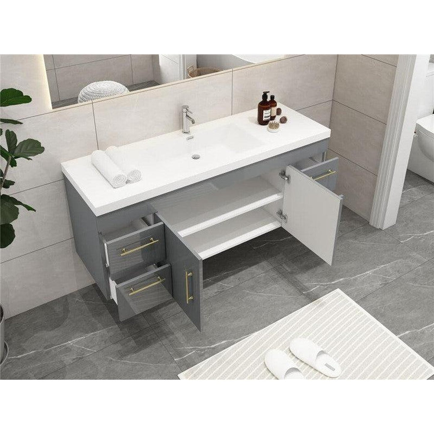 Moreno Bath ELSA 60" High Gloss Gray Wall-Mounted Vanity With Single Reinforced White Acrylic Sink