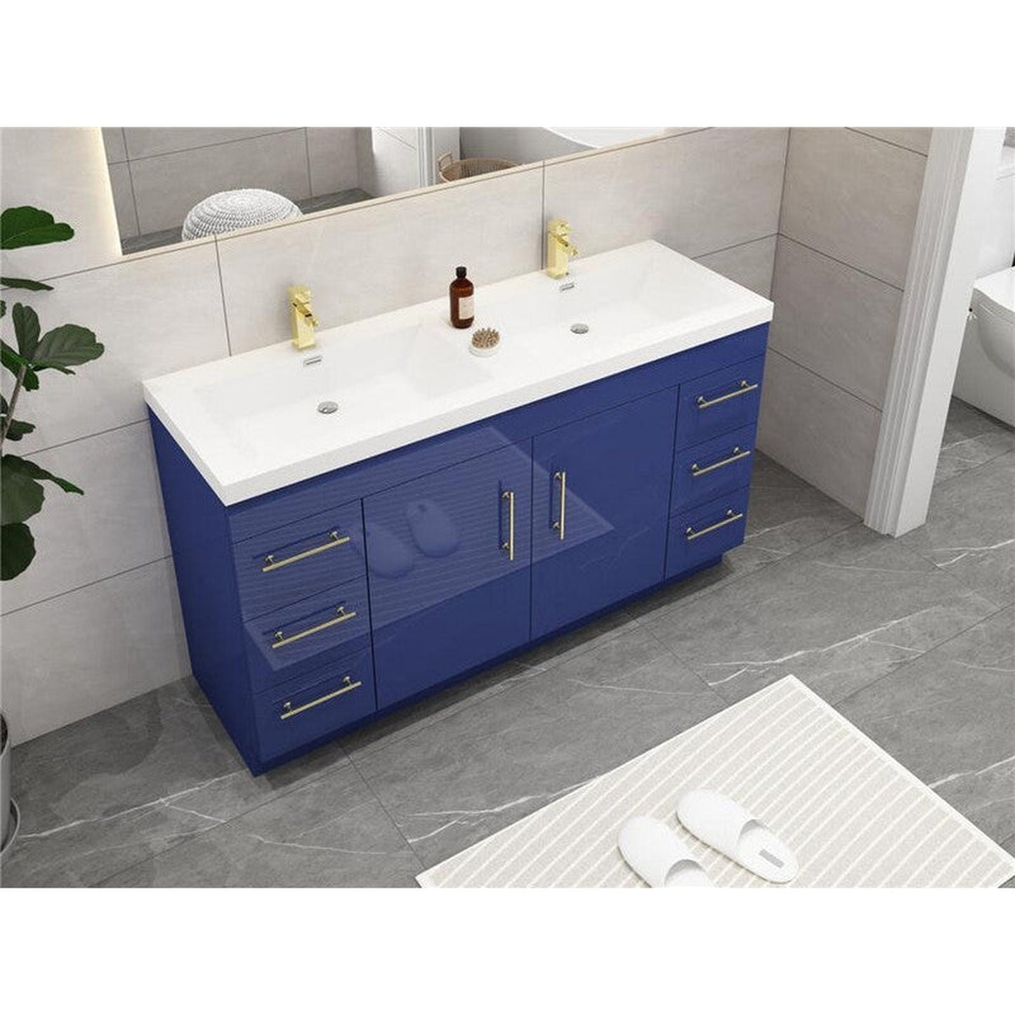 Moreno Bath ELSA 60" High Gloss Night Blue Freestanding Vanity With Double Reinforced White Acrylic Sinks