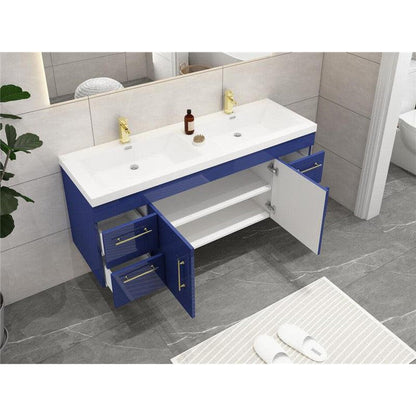 Moreno Bath ELSA 60" High Gloss Night Blue Wall-Mounted Vanity With Double Reinforced White Acrylic Sinks