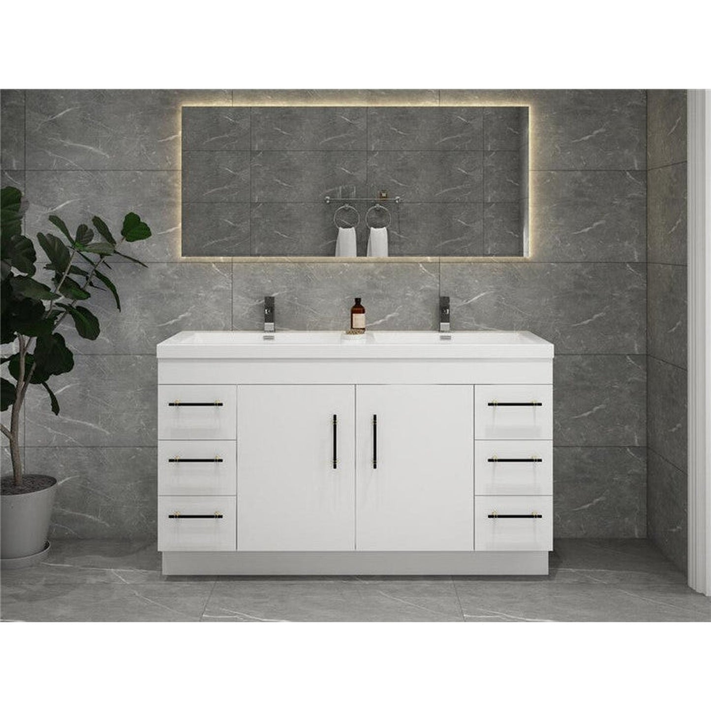 Moreno Bath ELSA 60" High Gloss White Freestanding Vanity With Double Reinforced White Acrylic Sinks