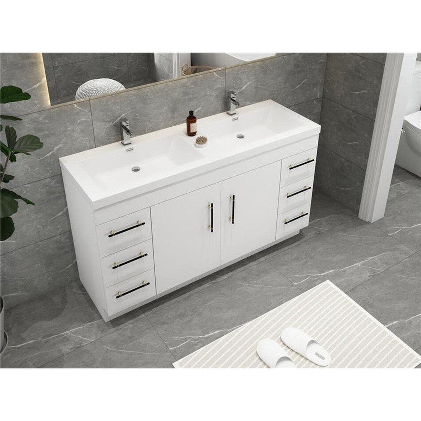 Moreno Bath ELSA 60" High Gloss White Freestanding Vanity With Double Reinforced White Acrylic Sinks