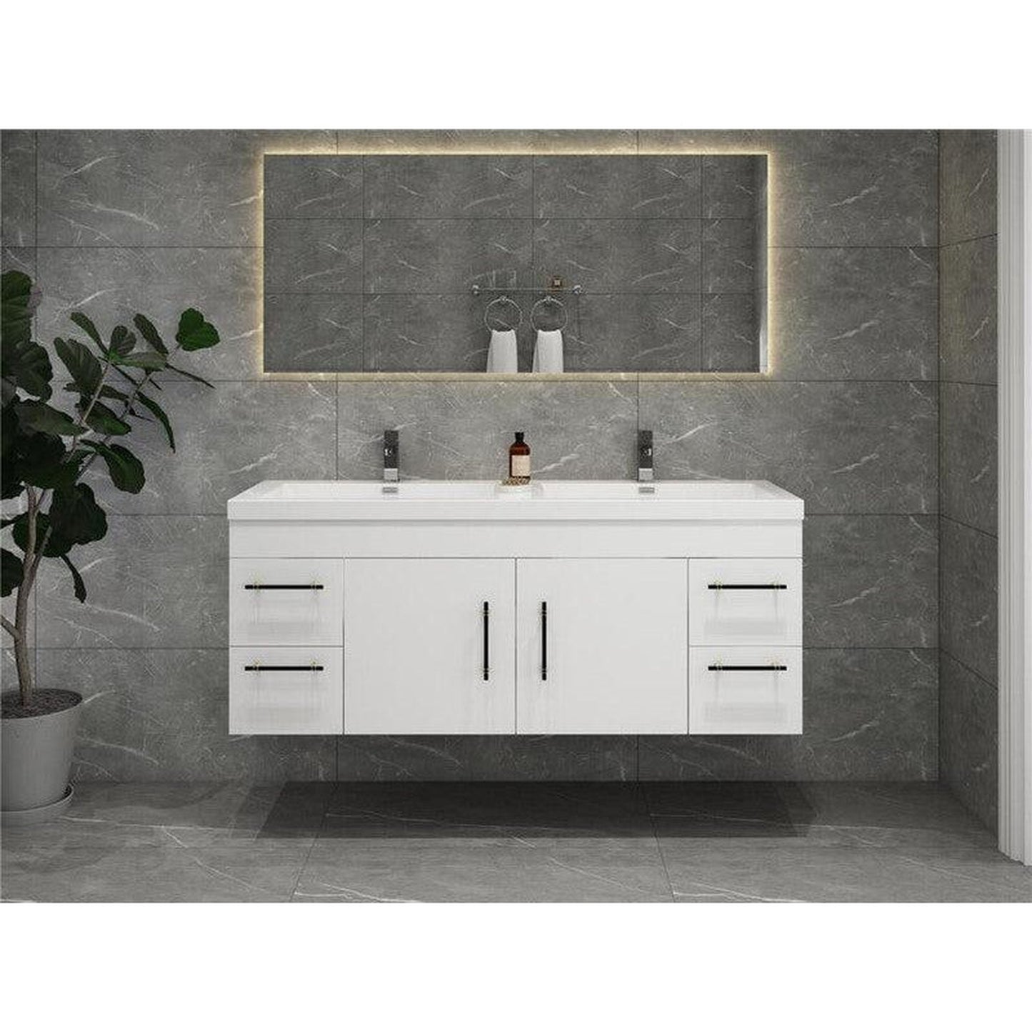 Moreno Bath ELSA 60" High Gloss White Wall-Mounted Vanity With Double Reinforced White Acrylic Sinks