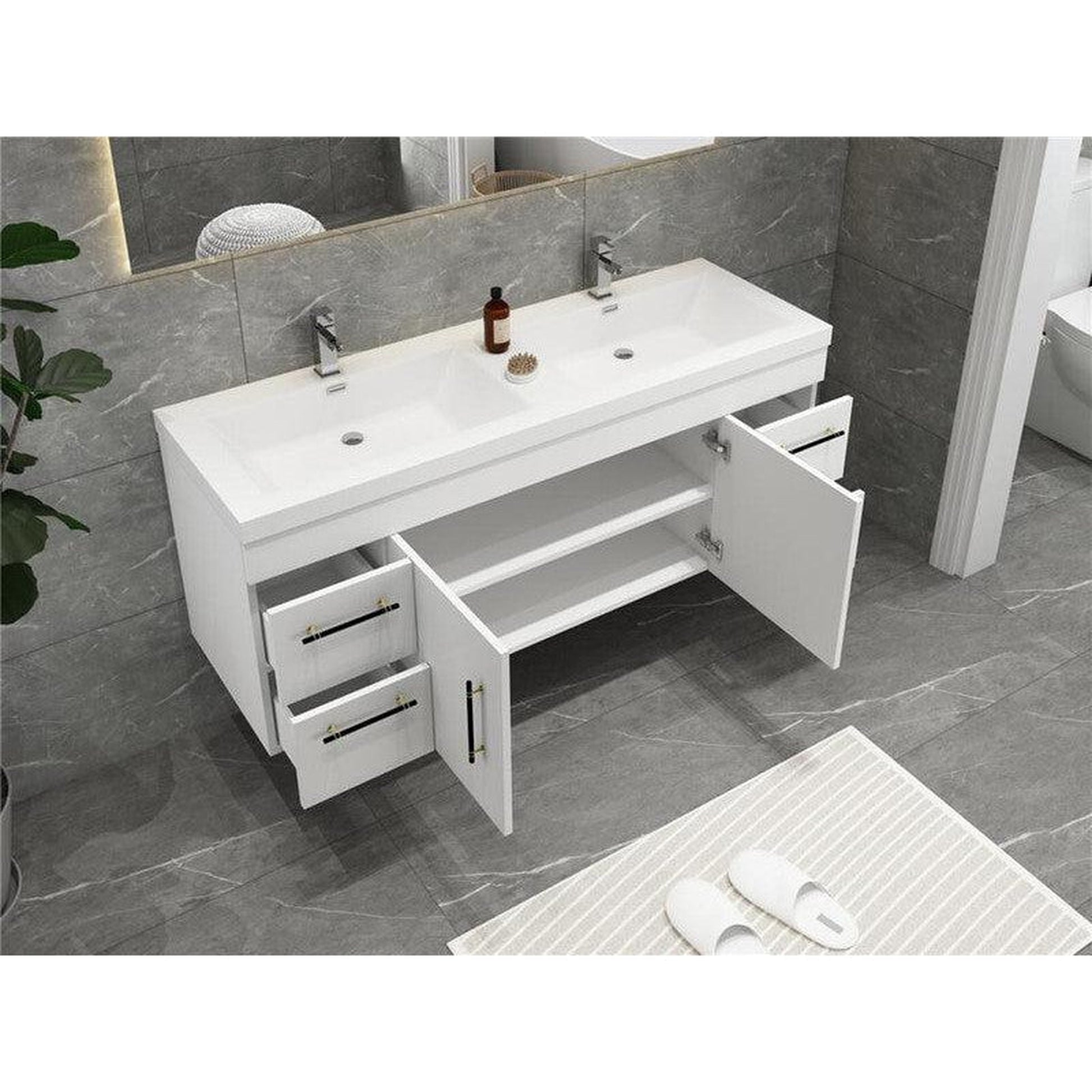 Moreno Bath ELSA 60" High Gloss White Wall-Mounted Vanity With Double Reinforced White Acrylic Sinks