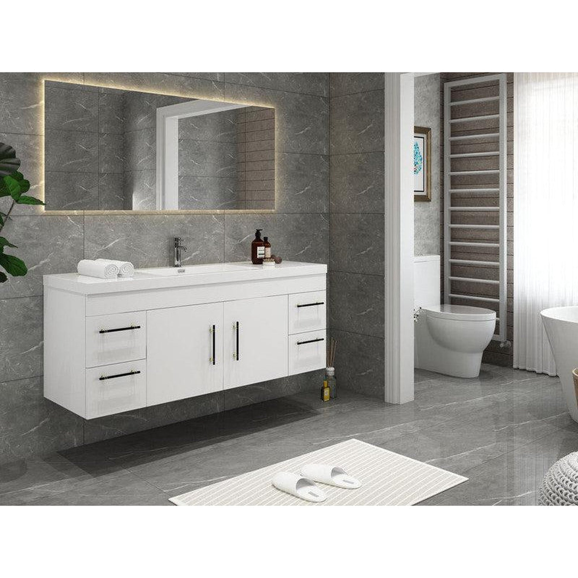 Moreno Bath ELSA 60" High Gloss White Wall-Mounted Vanity With Single Reinforced White Acrylic Sink