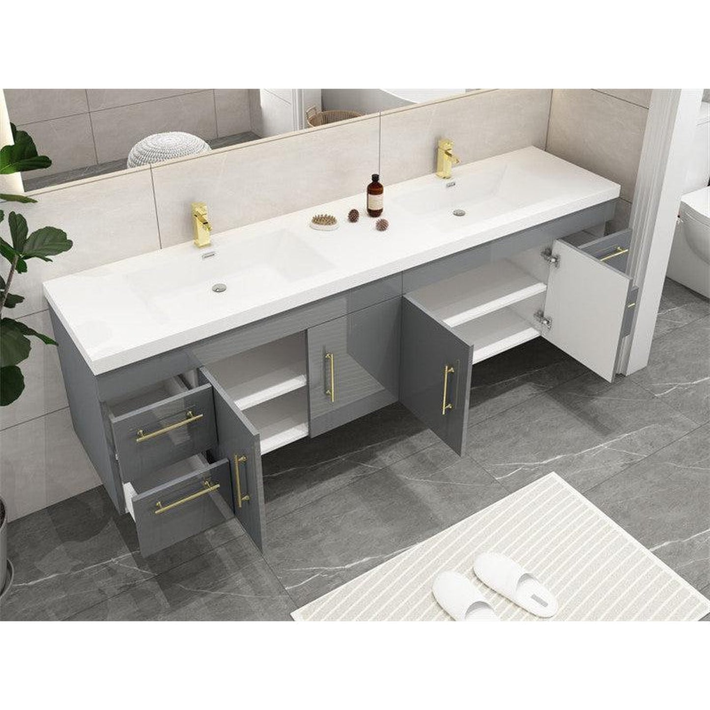 Moreno Bath ELSA 72" High Gloss Gray Wall-Mounted Vanity With Double Reinforced White Acrylic Sinks