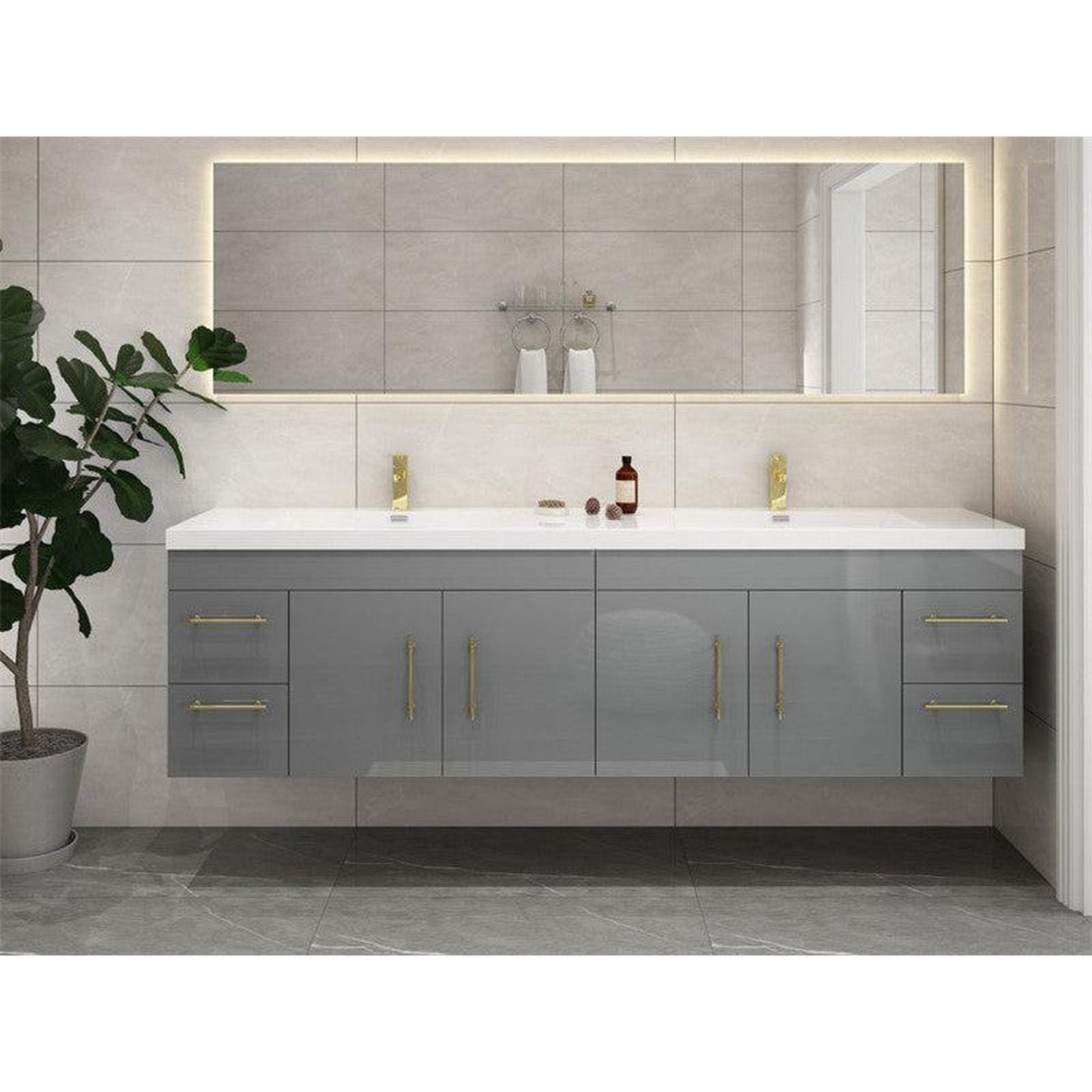 Moreno Bath ELSA 72" High Gloss Gray Wall-Mounted Vanity With Double Reinforced White Acrylic Sinks