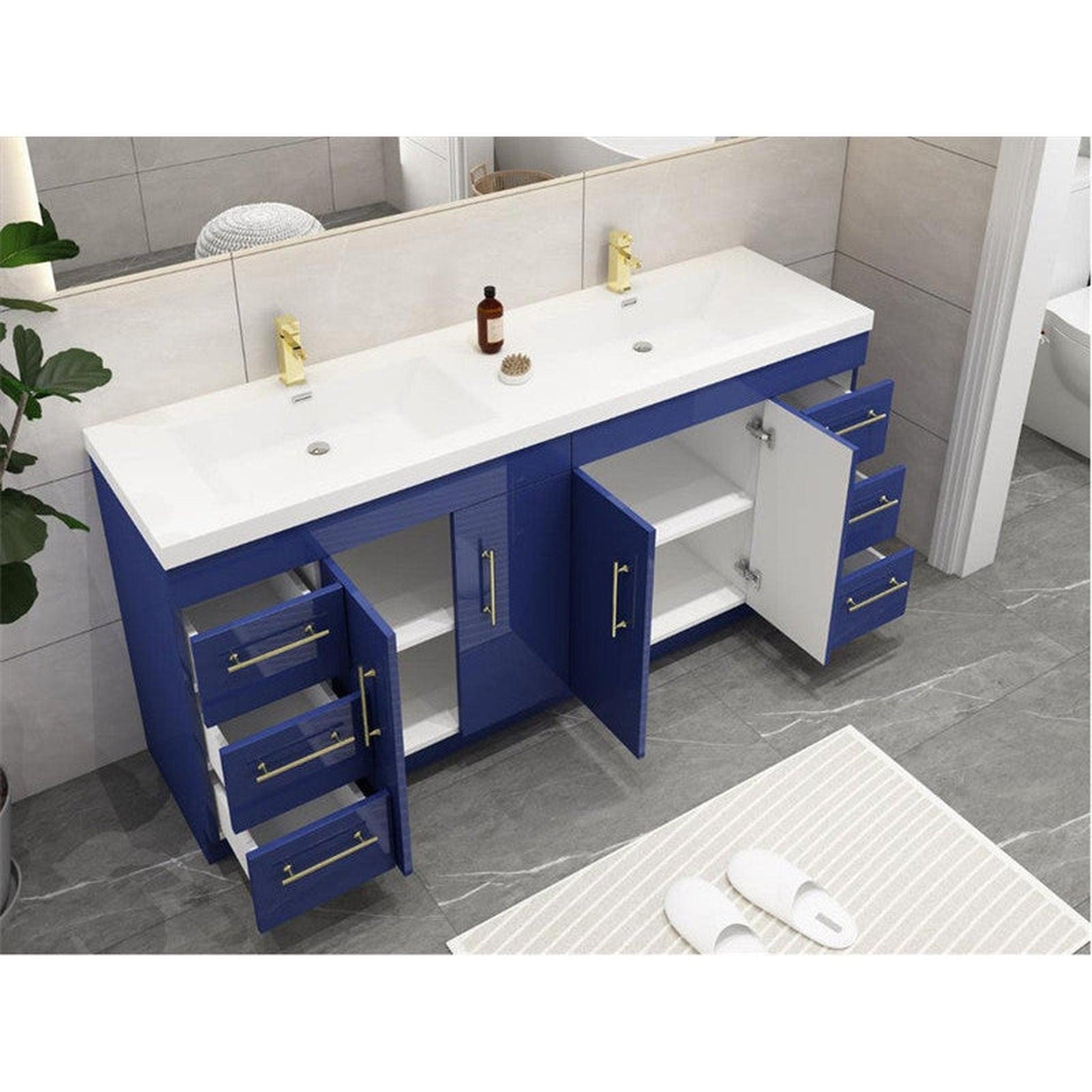 Moreno Bath ELSA 72" High Gloss Night Blue Freestanding Vanity With Double Reinforced White Acrylic Sinks