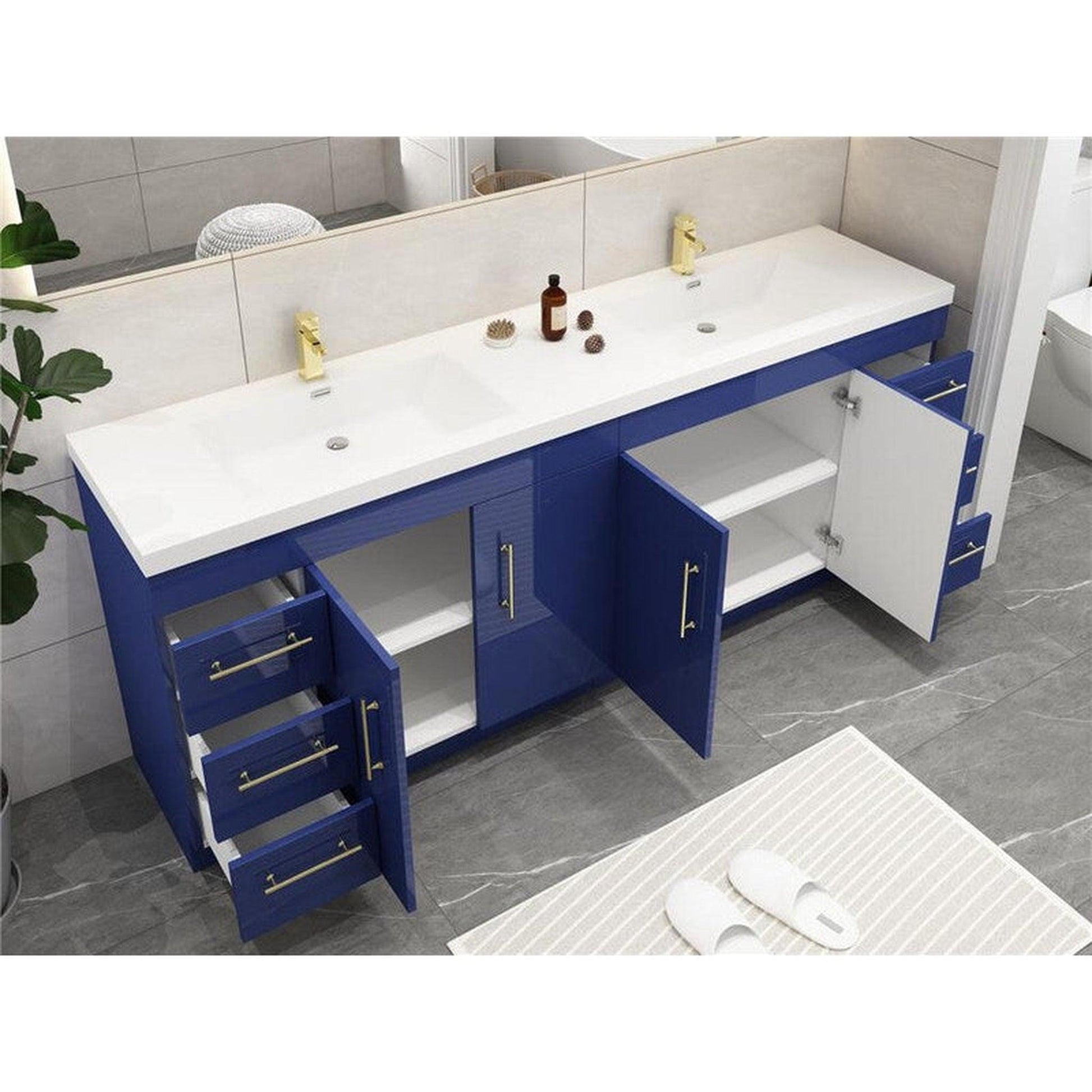 Moreno Bath ELSA 84" High Gloss Night Blue Freestanding Vanity With Double Reinforced White Acrylic Sinks