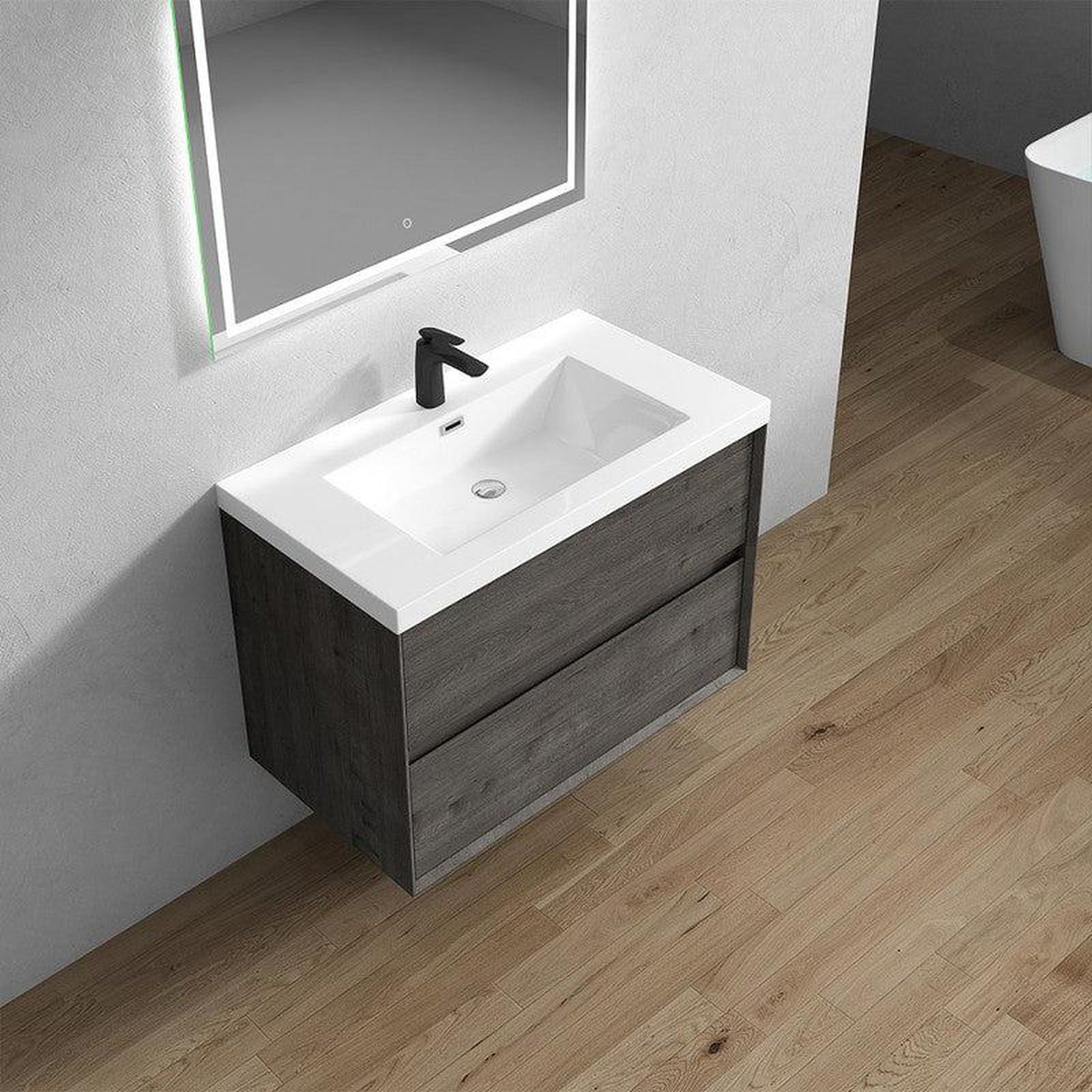 Moreno Bath Kingdee 36" Smoke Oak Wall-Mounted Vanity With Single Reinforced White Acrylic Sink