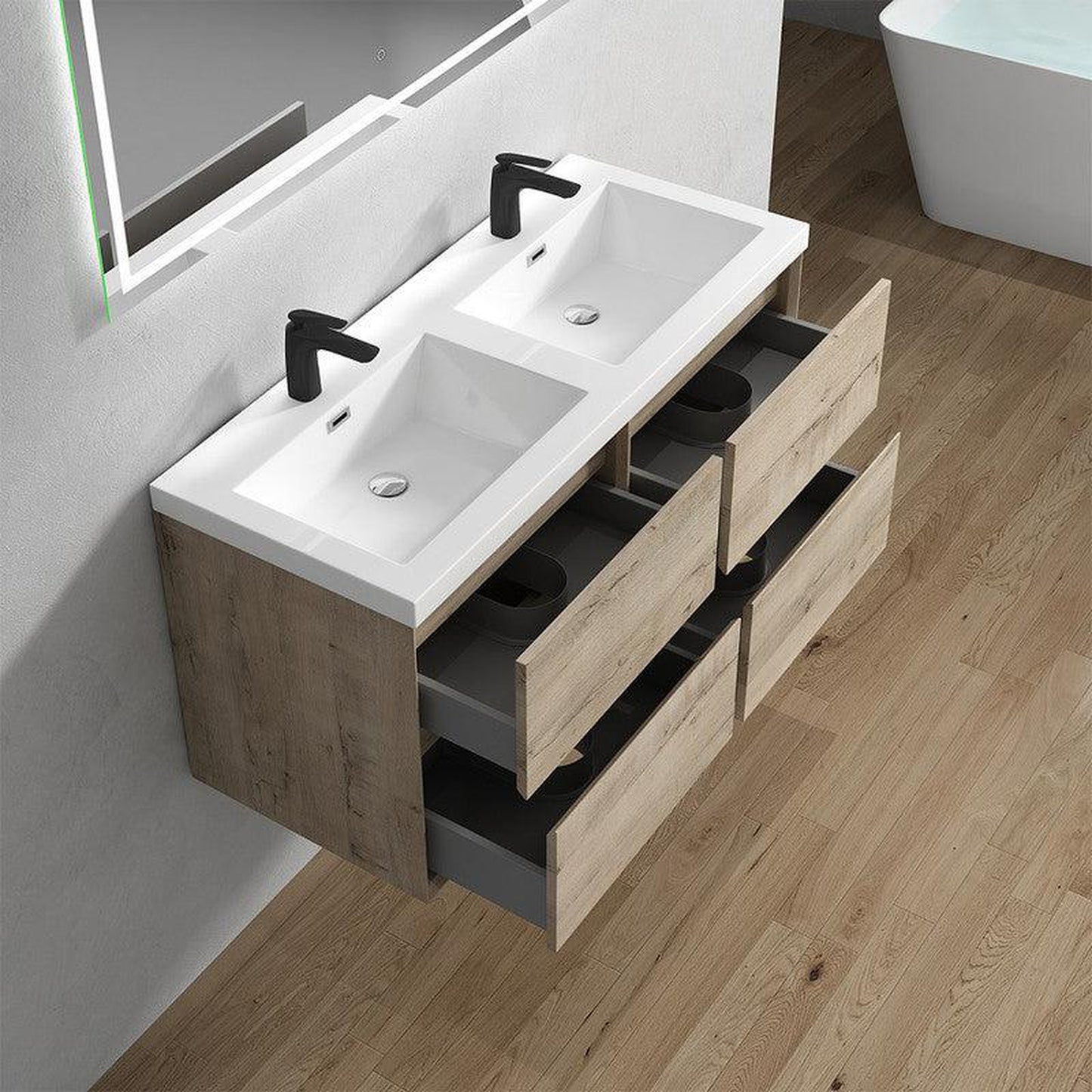 Moreno Bath Kingdee 48" Light Oak Wall-Mounted Modern Vanity With Double Reinforced White Acrylic Sinks