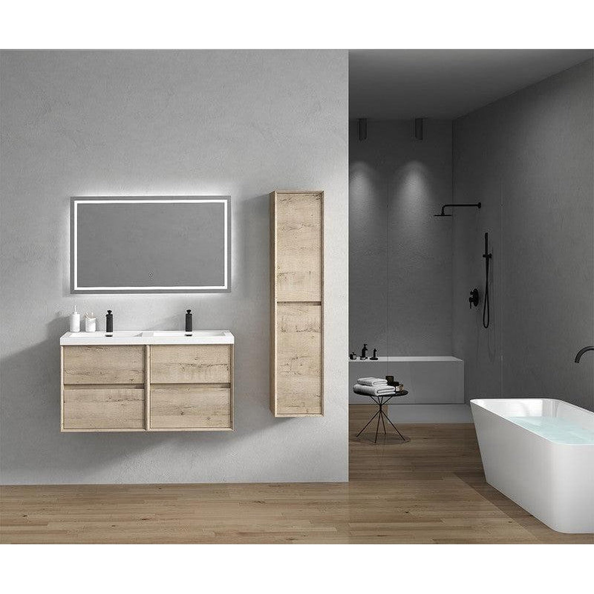 Moreno Bath Kingdee 48" Light Oak Wall-Mounted Modern Vanity With Double Reinforced White Acrylic Sinks