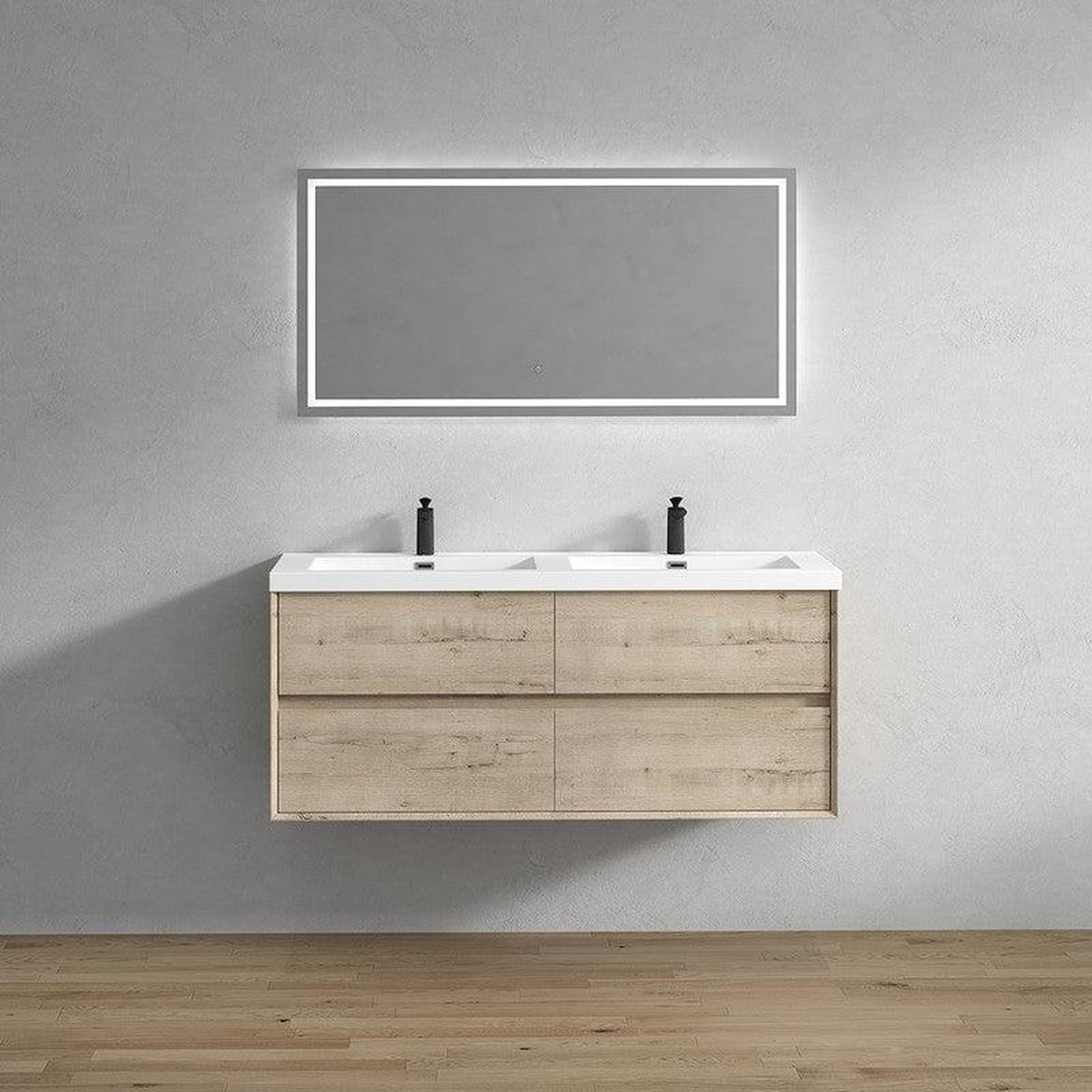 Moreno Bath Kingdee 60" Light Oak Wall-Mounted Modern Vanity With Double Reinforced White Acrylic Sinks