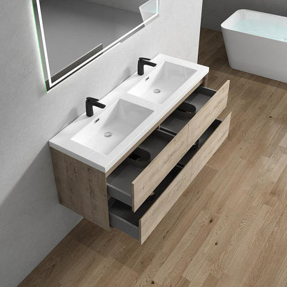 Moreno Bath Kingdee 60" Light Oak Wall-Mounted Modern Vanity With Double Reinforced White Acrylic Sinks