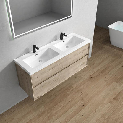 Moreno Bath Kingdee 60" Light Oak Wall-Mounted Modern Vanity With Double Reinforced White Acrylic Sinks