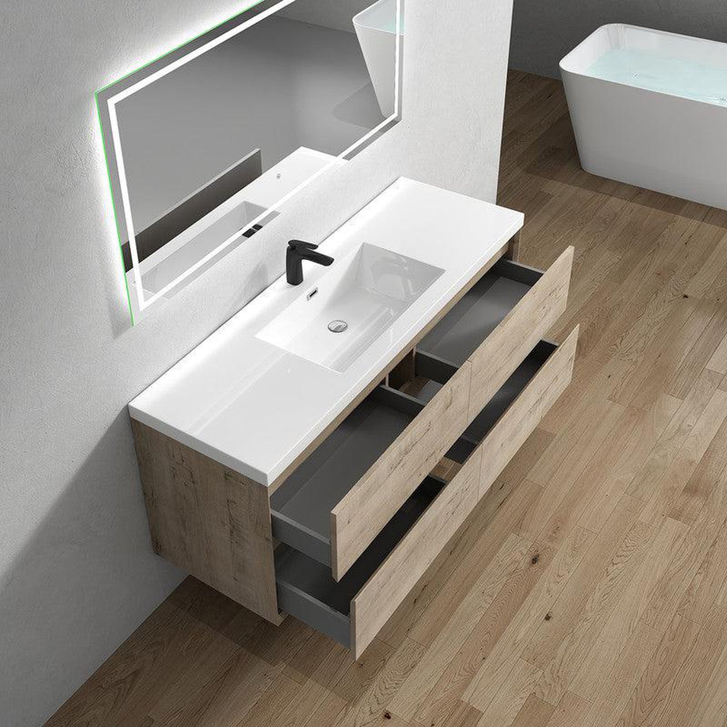 Moreno Bath Kingdee 60" Light Oak Wall-Mounted Modern Vanity With Single Reinforced White Acrylic Sink