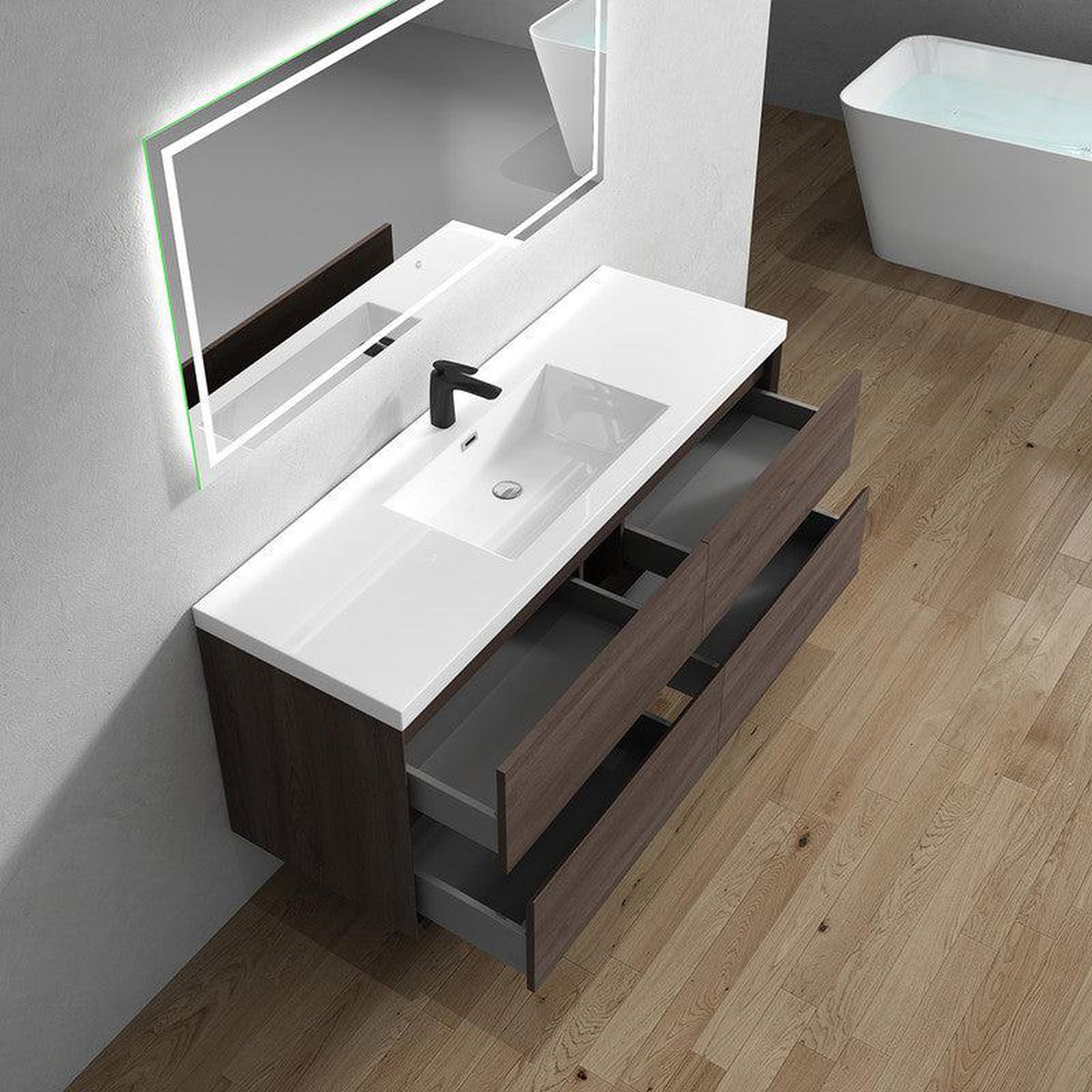 Moreno Bath Kingdee 60" Red Oak Wall-Mounted Modern Vanity With Single Reinforced White Acrylic Sink