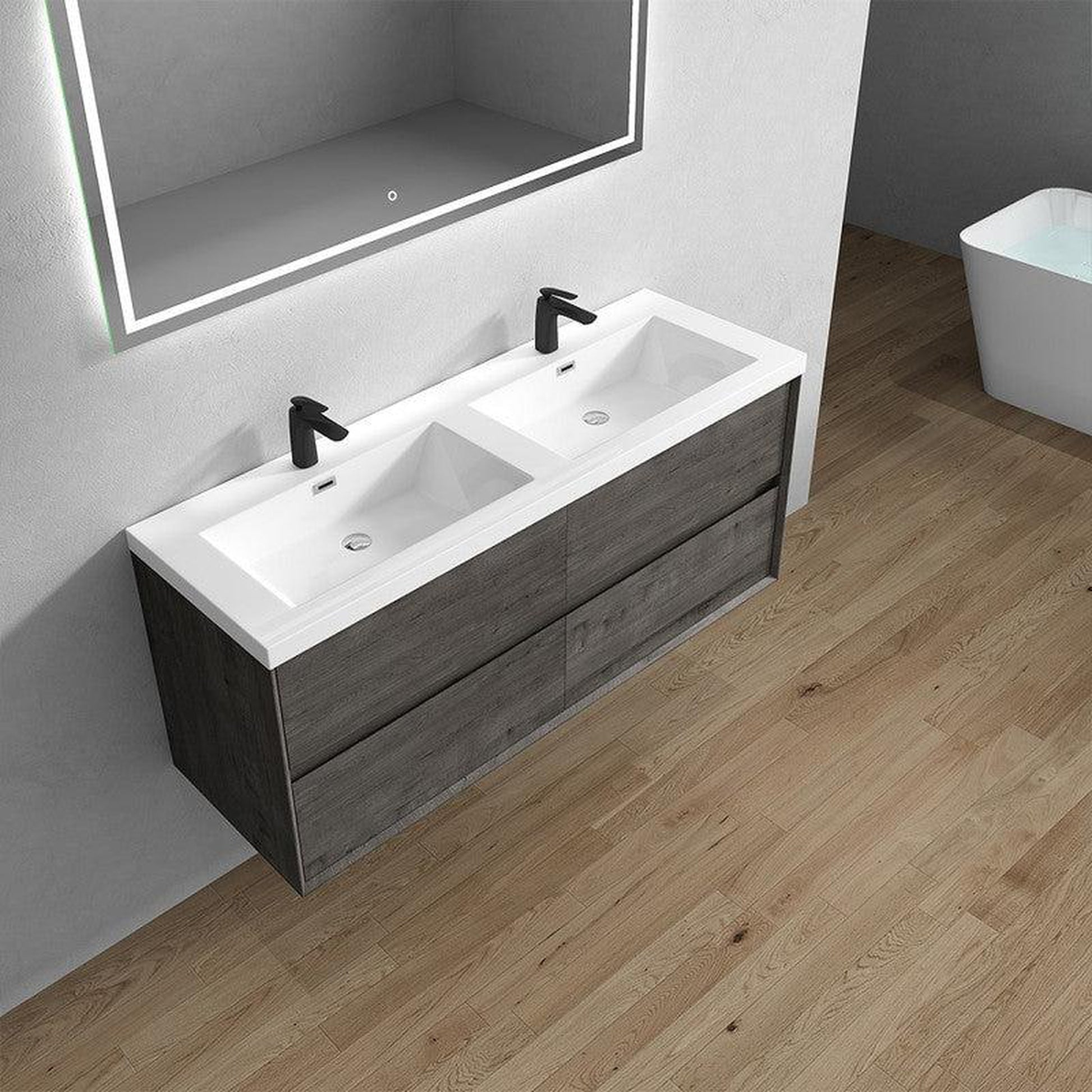 Moreno Bath Kingdee 60" Smoke Oak Wall-Mounted Modern Vanity With Double Reinforced White Acrylic Sinks