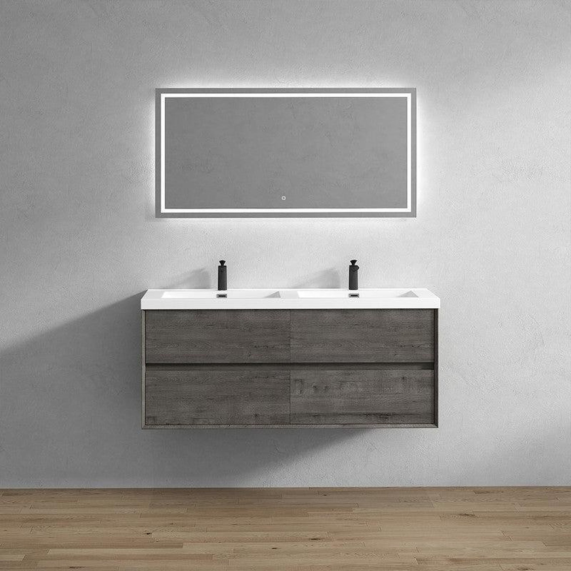 Moreno Bath Kingdee 60" Smoke Oak Wall-Mounted Modern Vanity With Double Reinforced White Acrylic Sinks