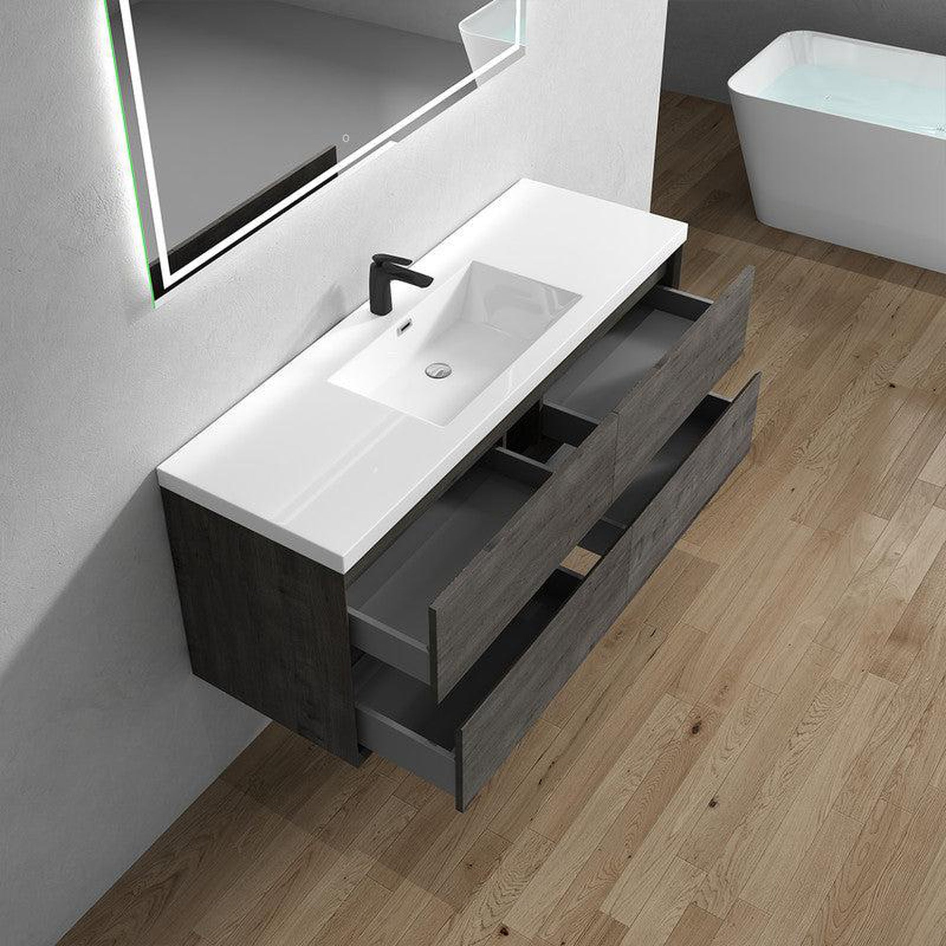 Moreno Bath Kingdee 60" Smoke Oak Wall-Mounted Modern Vanity With Single Reinforced White Acrylic Sink