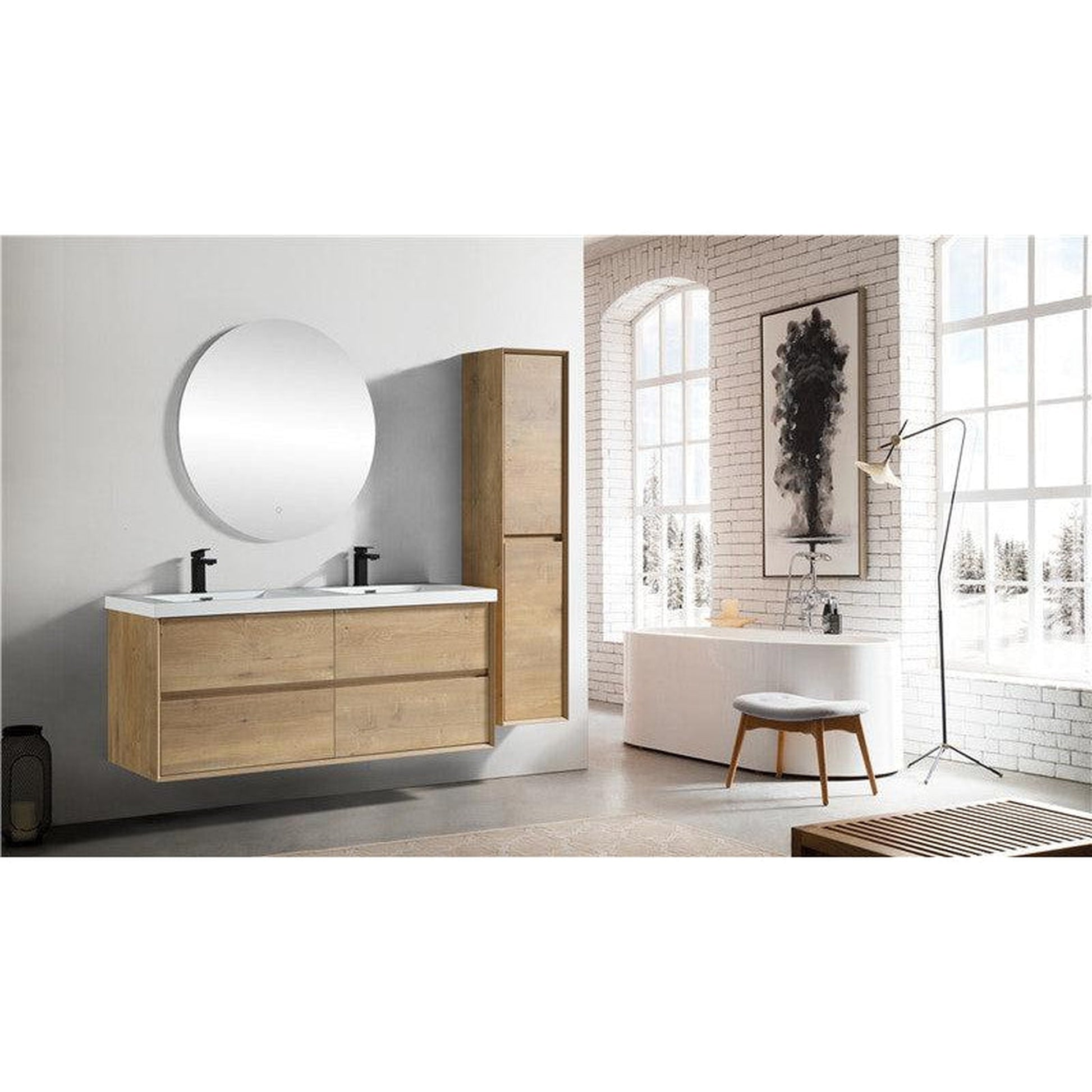 Moreno Bath Kingdee 60" White Oak Wall-Mounted Modern Vanity With Double Reinforced White Acrylic Sinks