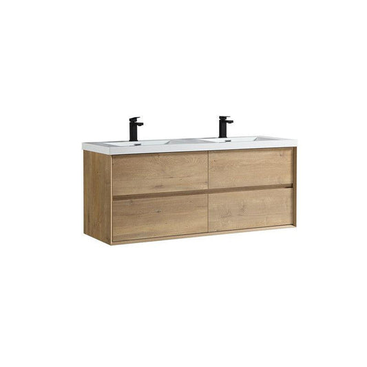 Moreno Bath Kingdee 60" White Oak Wall-Mounted Modern Vanity With Double Reinforced White Acrylic Sinks