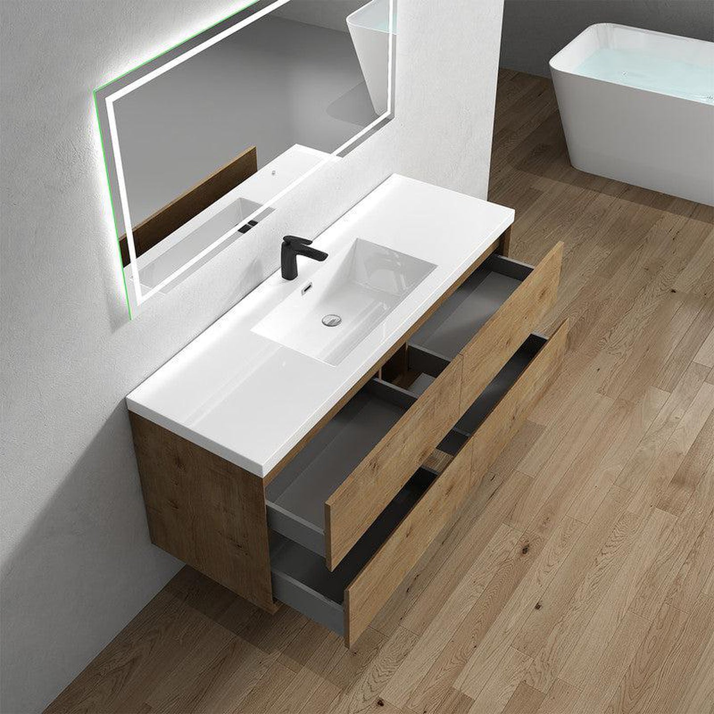 Moreno Bath Kingdee 60" White Oak Wall-Mounted Modern Vanity With Single Reinforced White Acrylic Sink