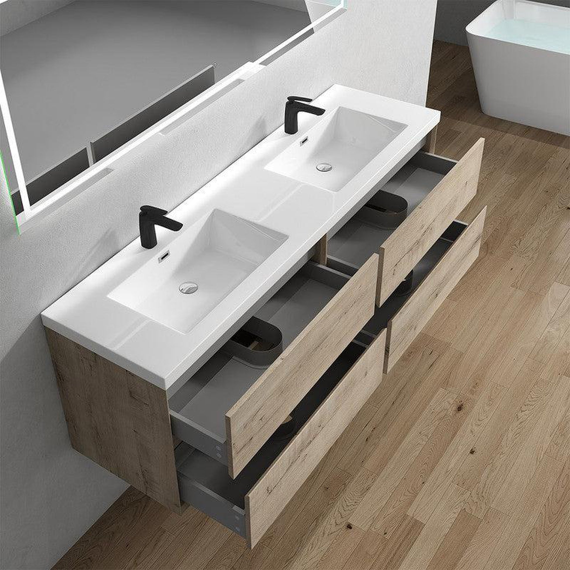 Moreno Bath Kingdee 72" Light Oak Wall-Mounted Modern Vanity With Double Reinforced White Acrylic Sinks