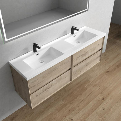 Moreno Bath Kingdee 72" Light Oak Wall-Mounted Modern Vanity With Double Reinforced White Acrylic Sinks