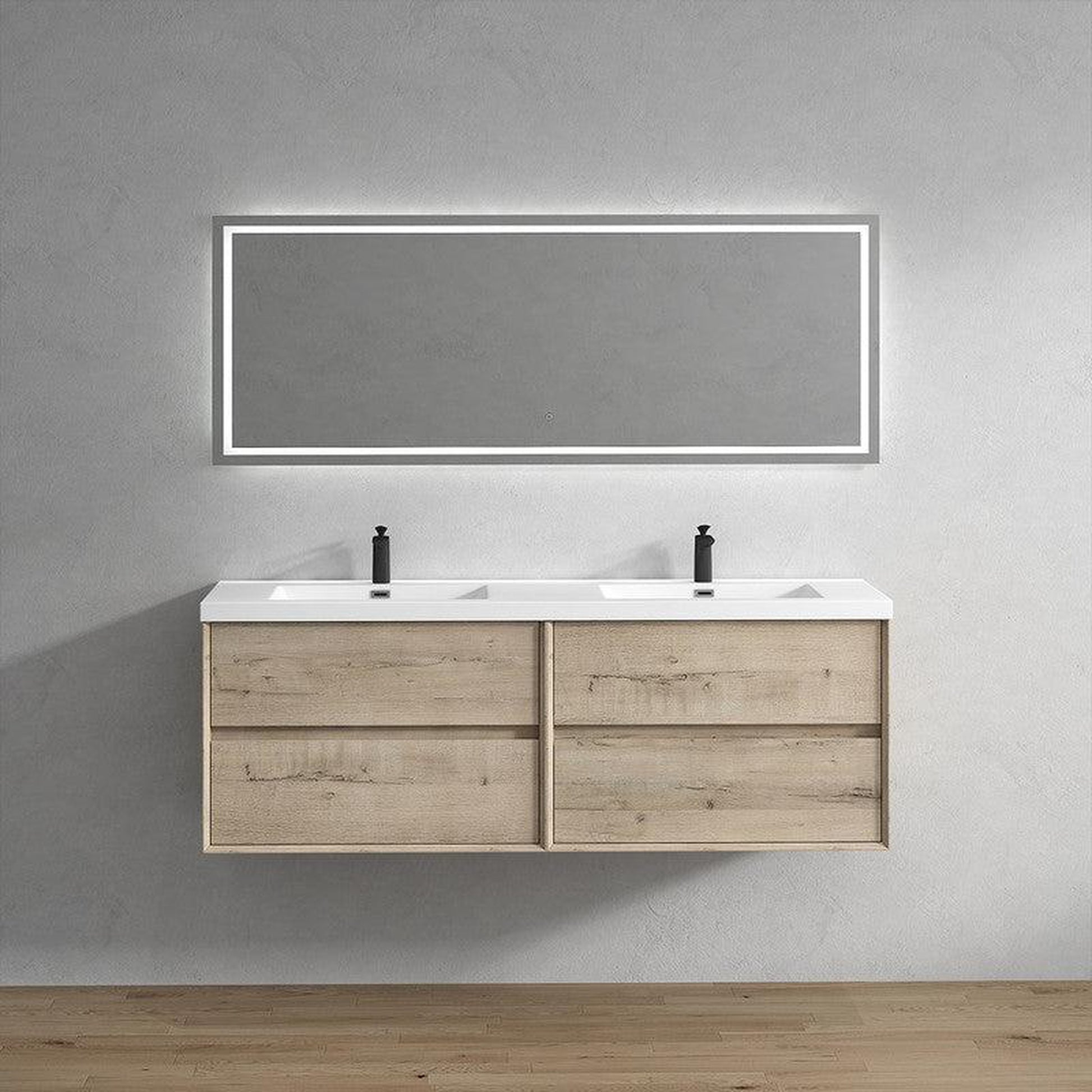 Moreno Bath Kingdee 72" Light Oak Wall-Mounted Modern Vanity With Double Reinforced White Acrylic Sinks