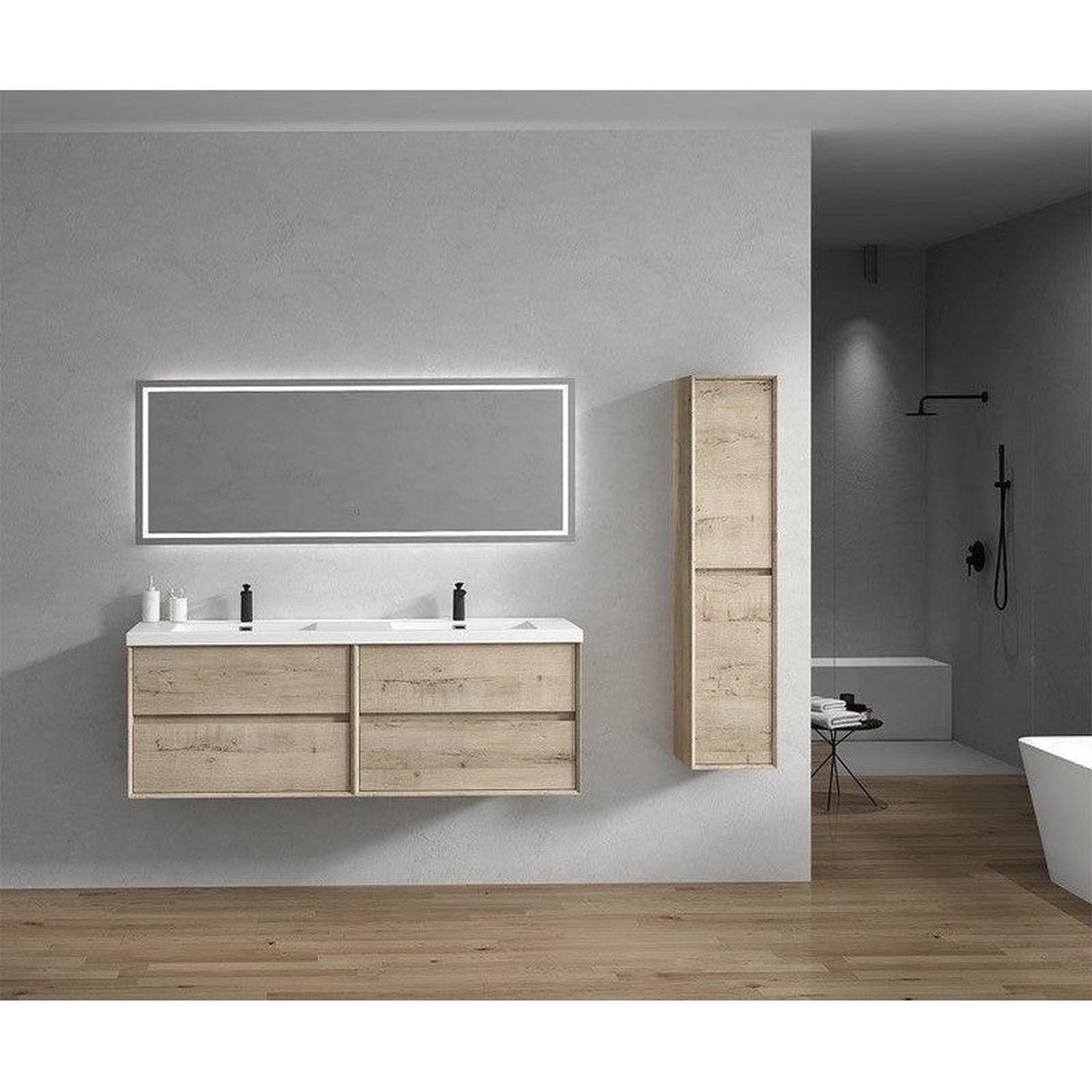 Moreno Bath Kingdee 72" Light Oak Wall-Mounted Modern Vanity With Double Reinforced White Acrylic Sinks