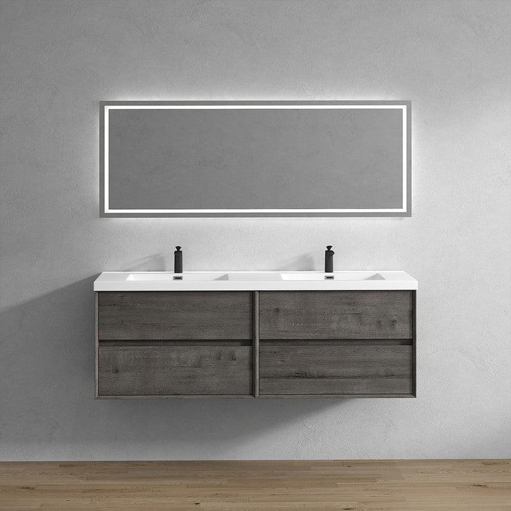 Moreno Bath Kingdee 72" Smoke Oak Wall-Mounted Modern Vanity With Double Reinforced White Acrylic Sinks