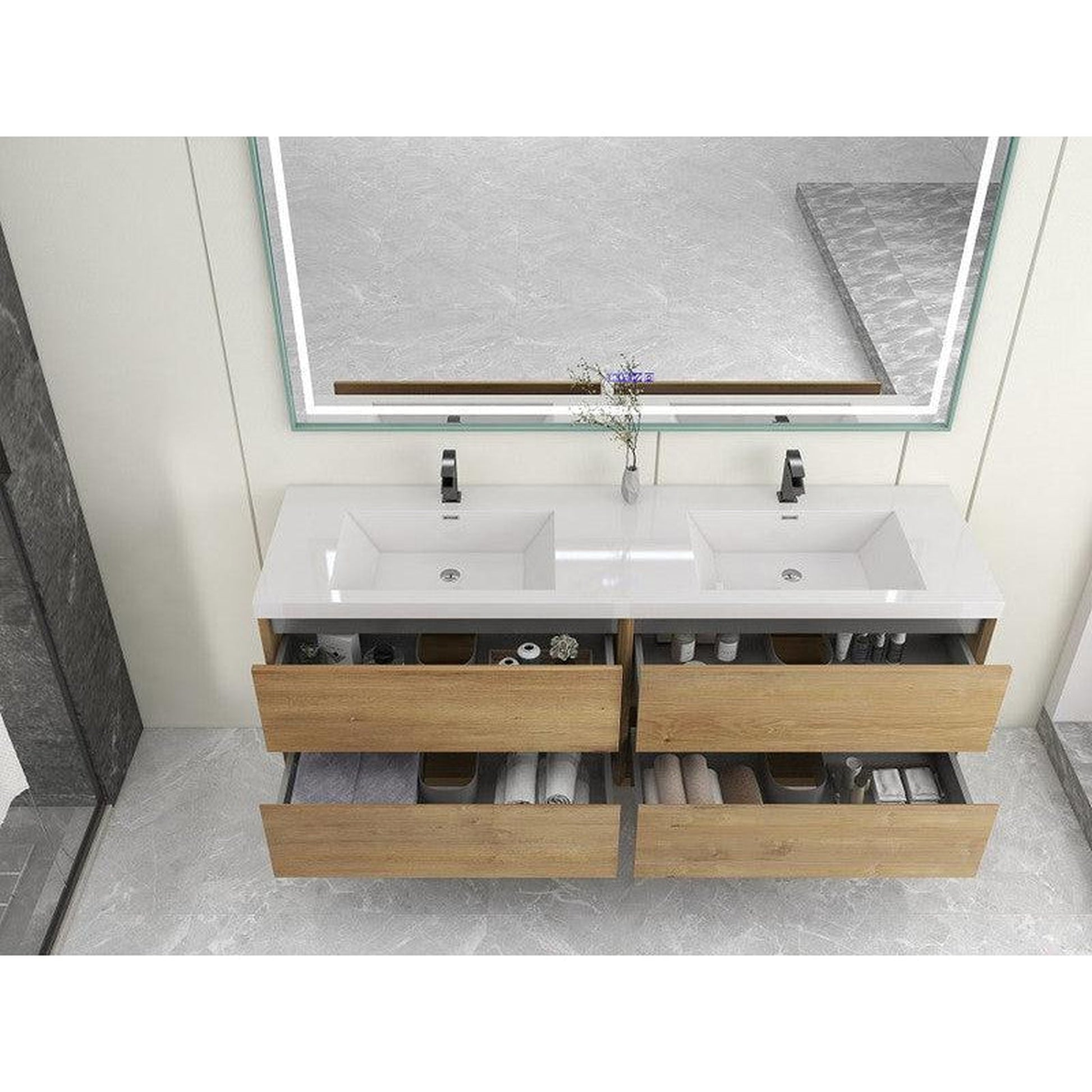 Moreno Bath Kingdee 72" White Oak Wall-Mounted Modern Vanity With Double Reinforced White Acrylic Sinks