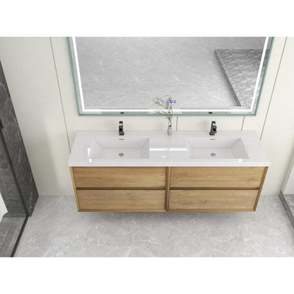 Moreno Bath Kingdee 72" White Oak Wall-Mounted Modern Vanity With Double Reinforced White Acrylic Sinks