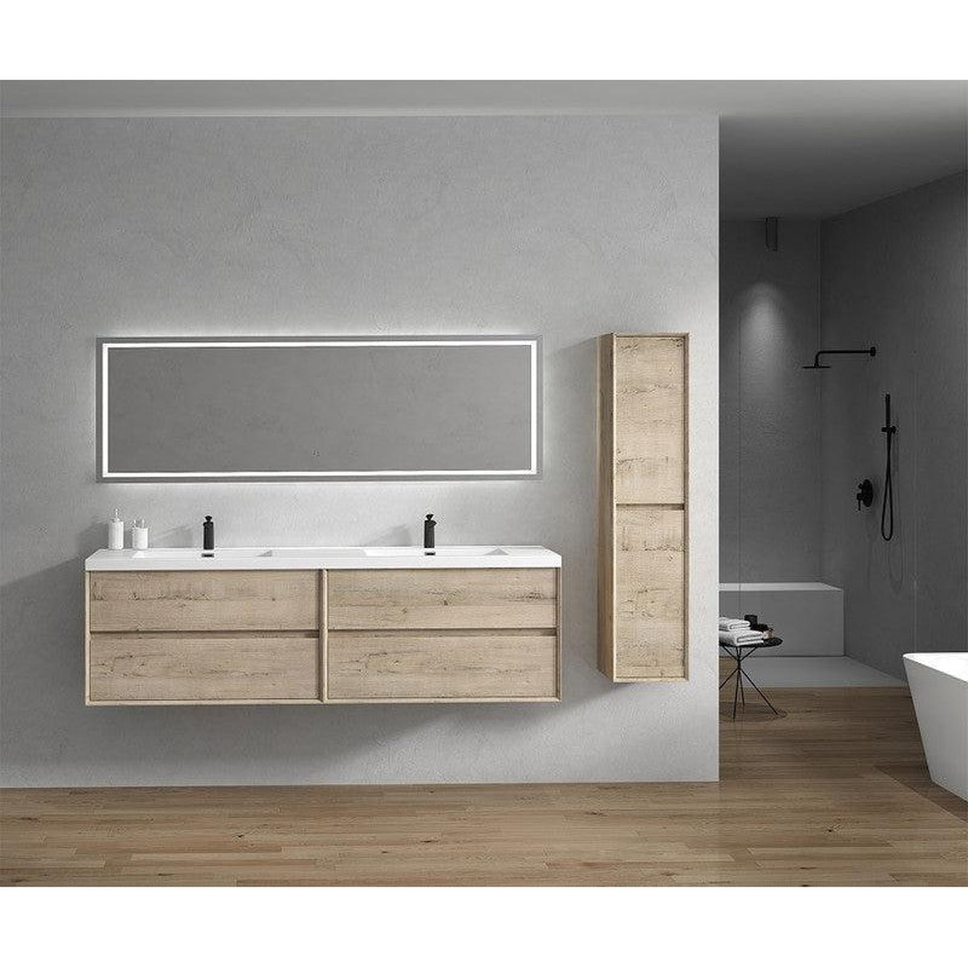 Moreno Bath Kingdee 84" Light Oak Wall-Mounted Modern Vanity With Double Reinforced White Acrylic Sinks