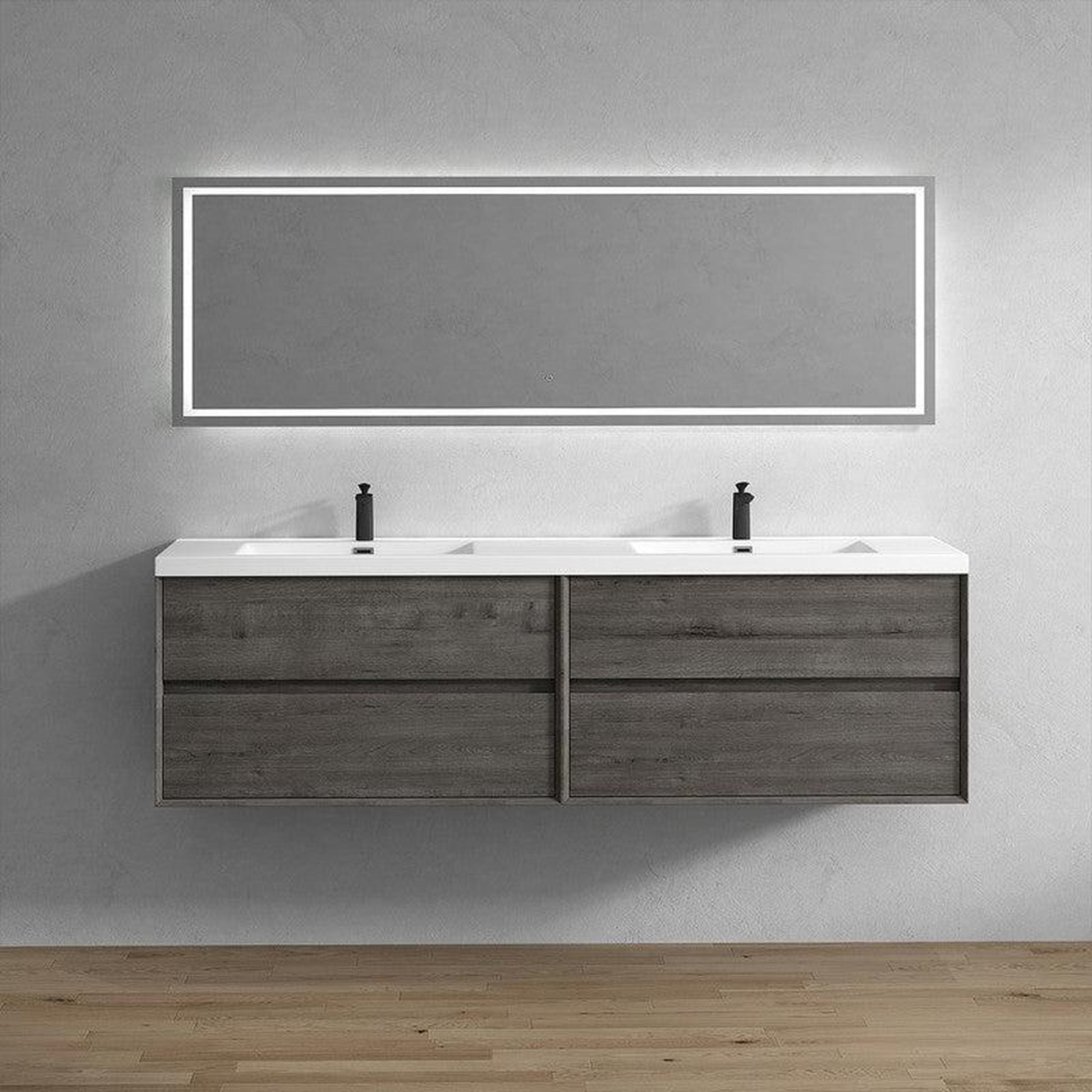 Moreno Bath Kingdee 84" Smoke Oak Wall-Mounted Modern Vanity With Double Reinforced White Acrylic Sinks